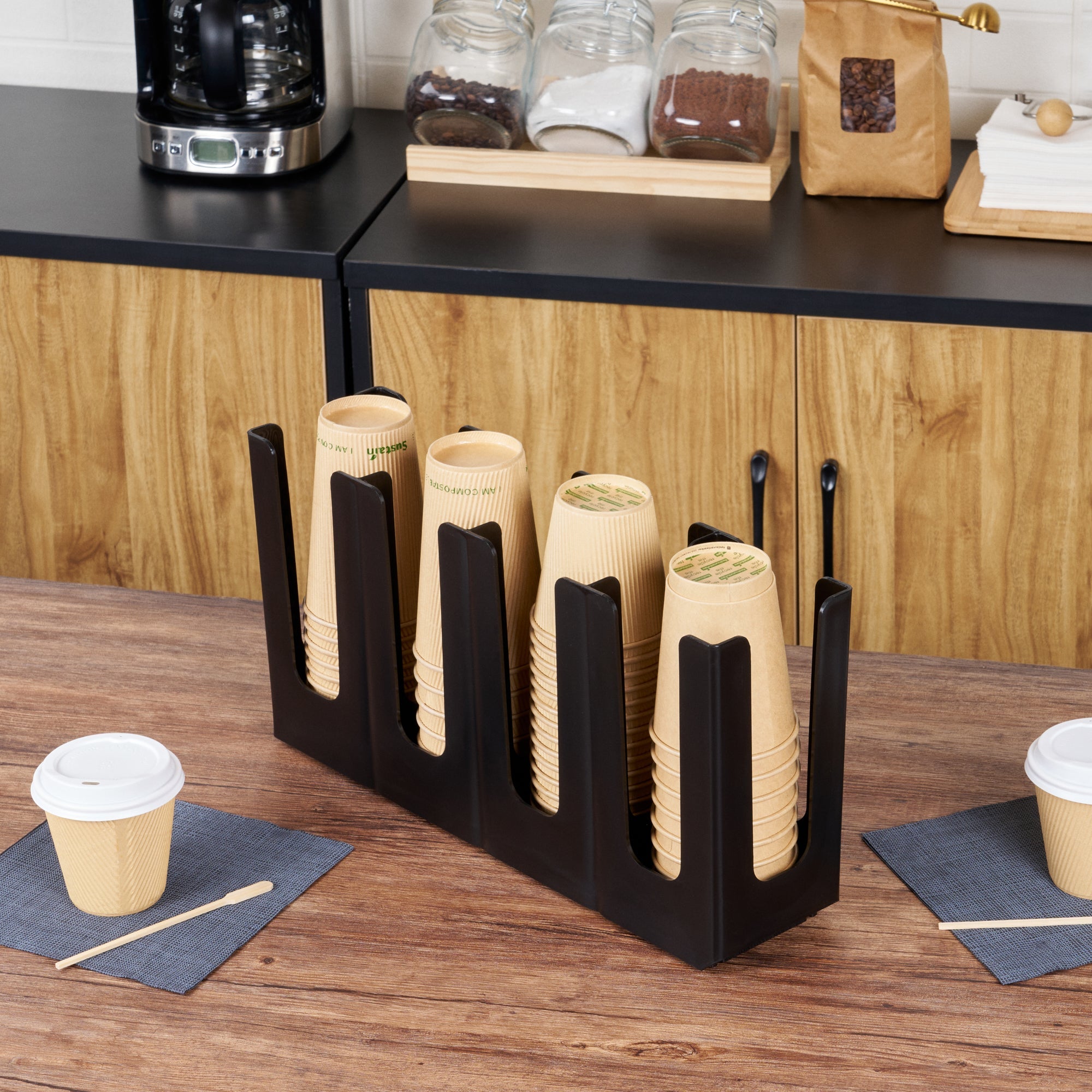 Restpresso Black Plastic Coffee Cup / Lid Organizer - 4 Section, Adjustable - 17 1/2" x 4 1/4" x 8 1/4" - 1 count box