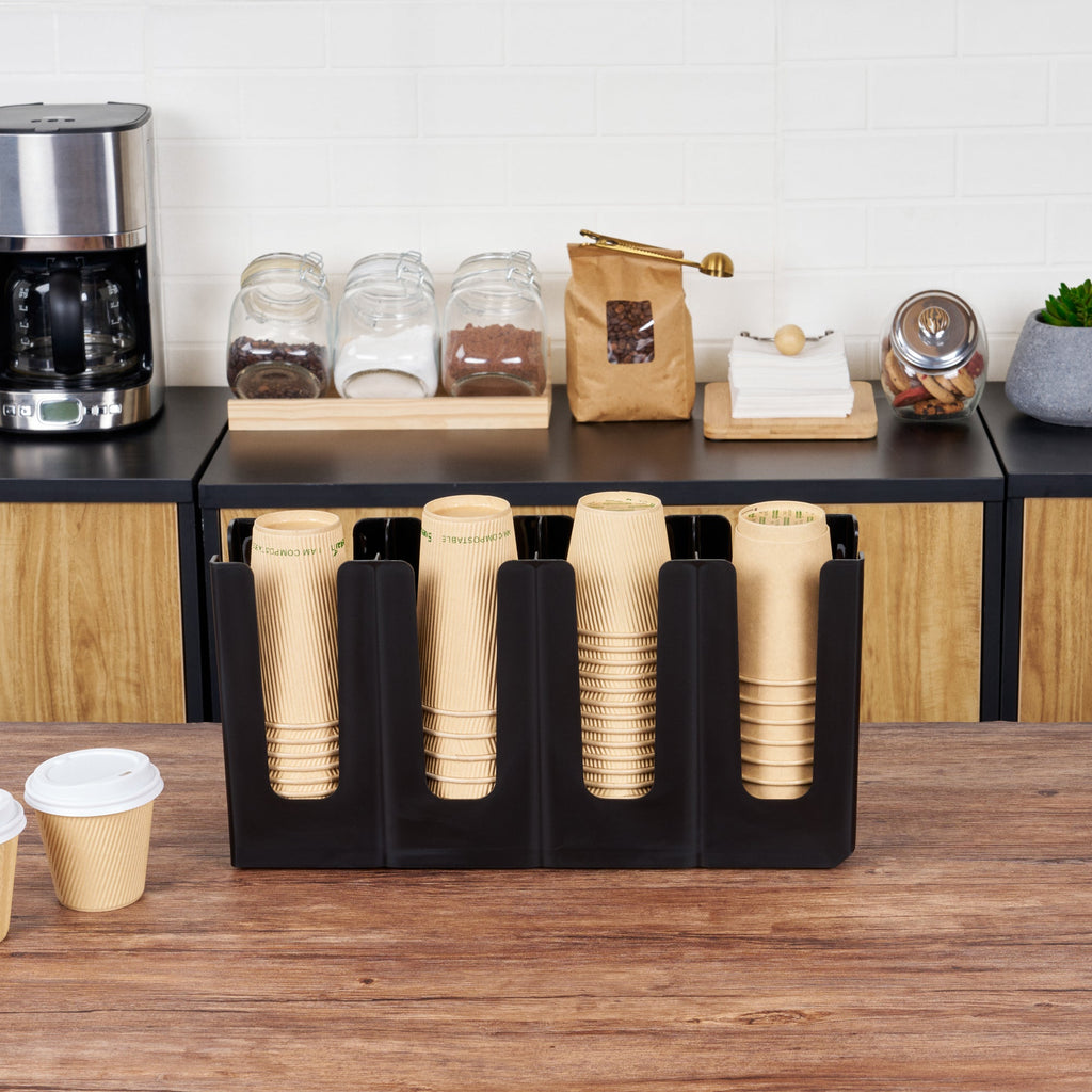 Restpresso Black Plastic Coffee Cup / Lid Organizer - 4 Section, Adjustable - 17 1/2" x 4 1/4" x 8 1/4" - 1 count box