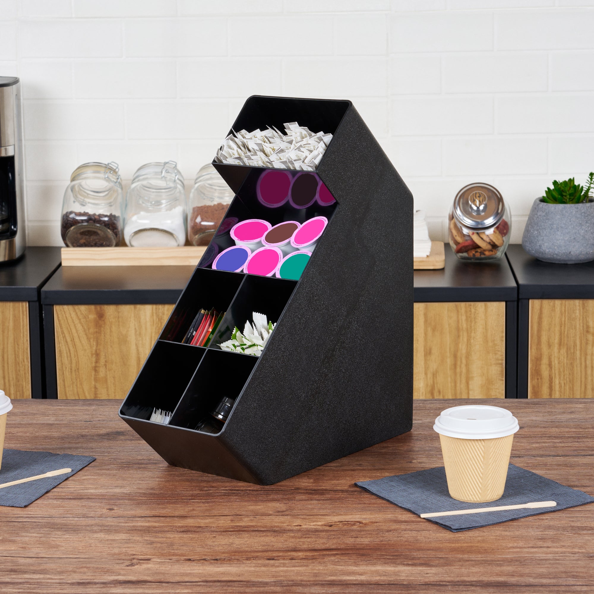 Restpresso Black Plastic Condiment Organizer - 6 Compartments - 6 1/4" x 14 1/2" x 16 1/2" - 1 count box