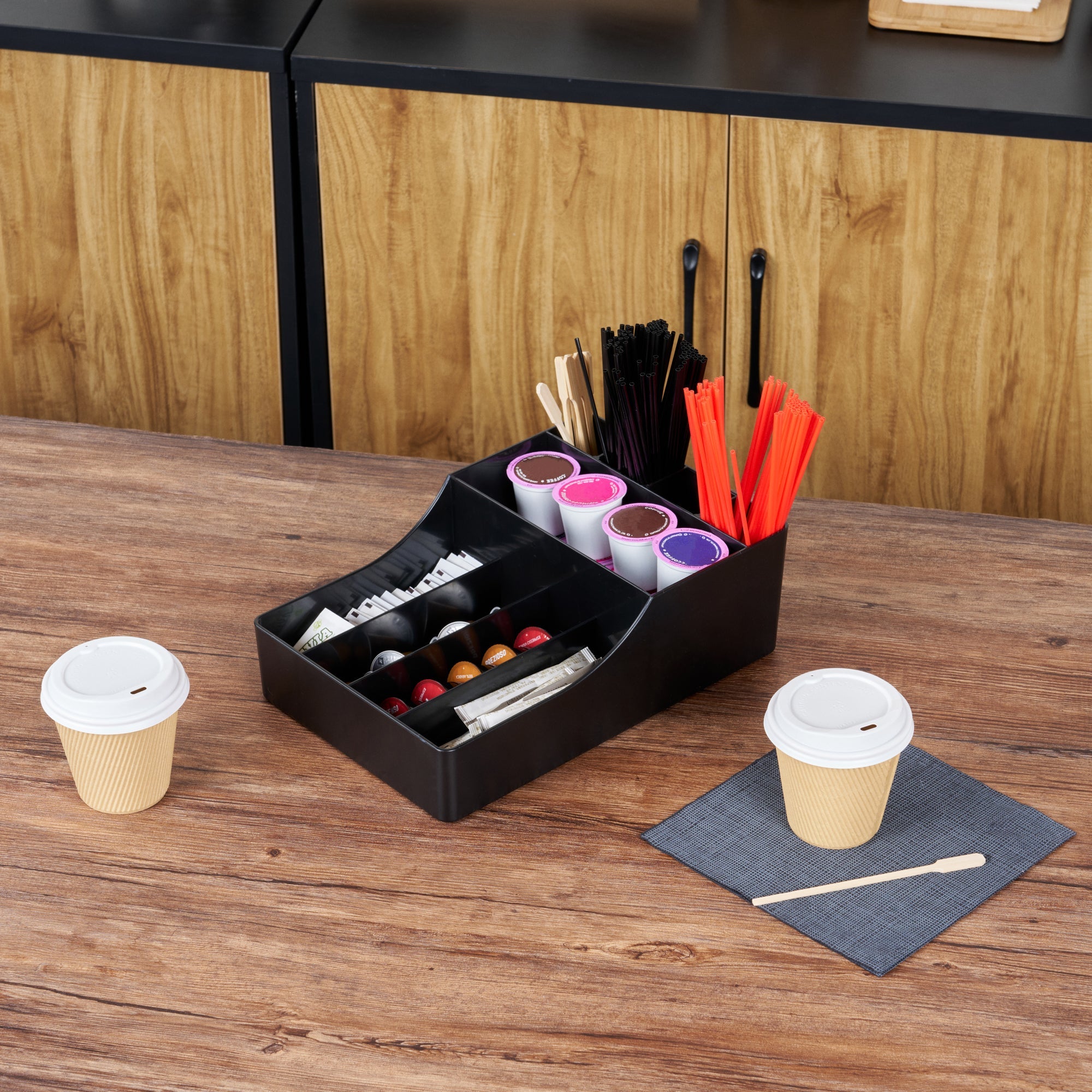 Restpresso Black Plastic Condiment Organizer - 9 Compartments - 7 3/4" x 11 3/4" x 4" - 1 count box