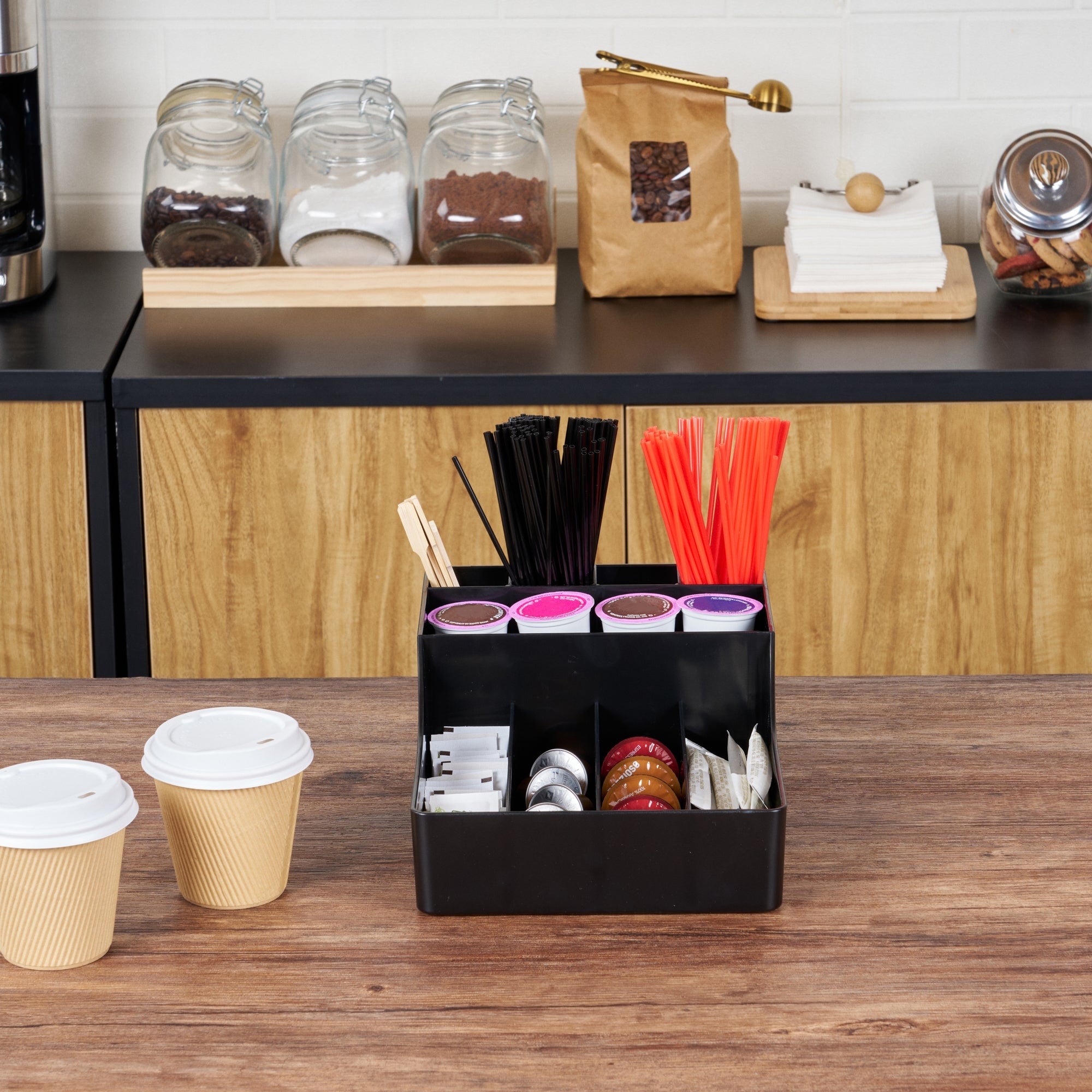 Restpresso Black Plastic Condiment Organizer - 9 Compartments - 7 3/4" x 11 3/4" x 4" - 1 count box