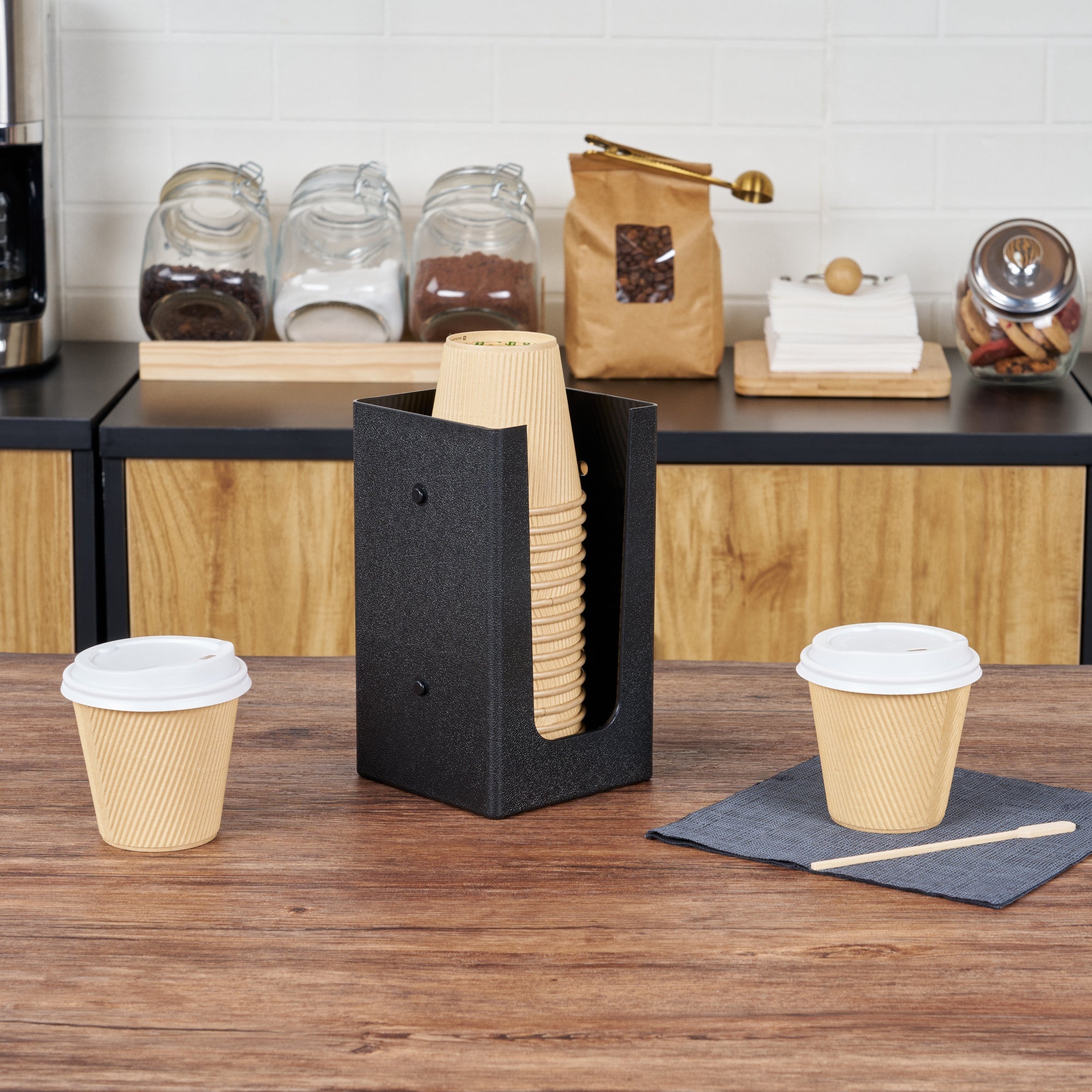Restpresso Black Plastic Coffee Cup / Lid / Cocktail Napkin Organizer - 4 1/2" x 4 1/2" x 7 3/4" - 1 count box