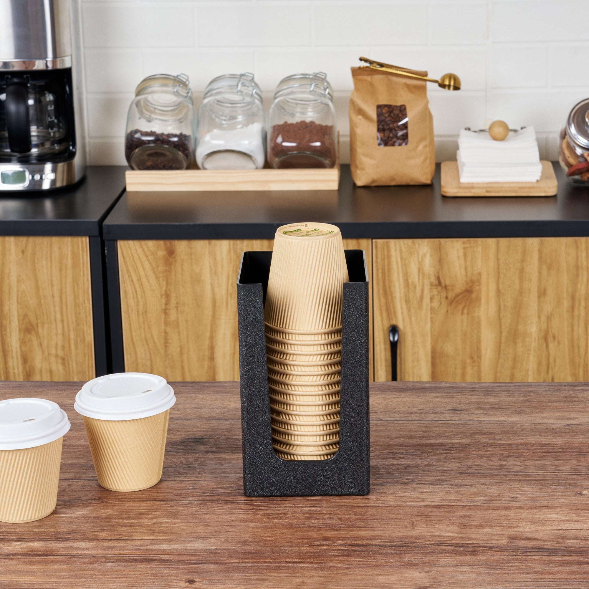 Restpresso Black Plastic Coffee Cup / Lid / Cocktail Napkin Organizer - 4 1/2" x 4 1/2" x 7 3/4" - 1 count box