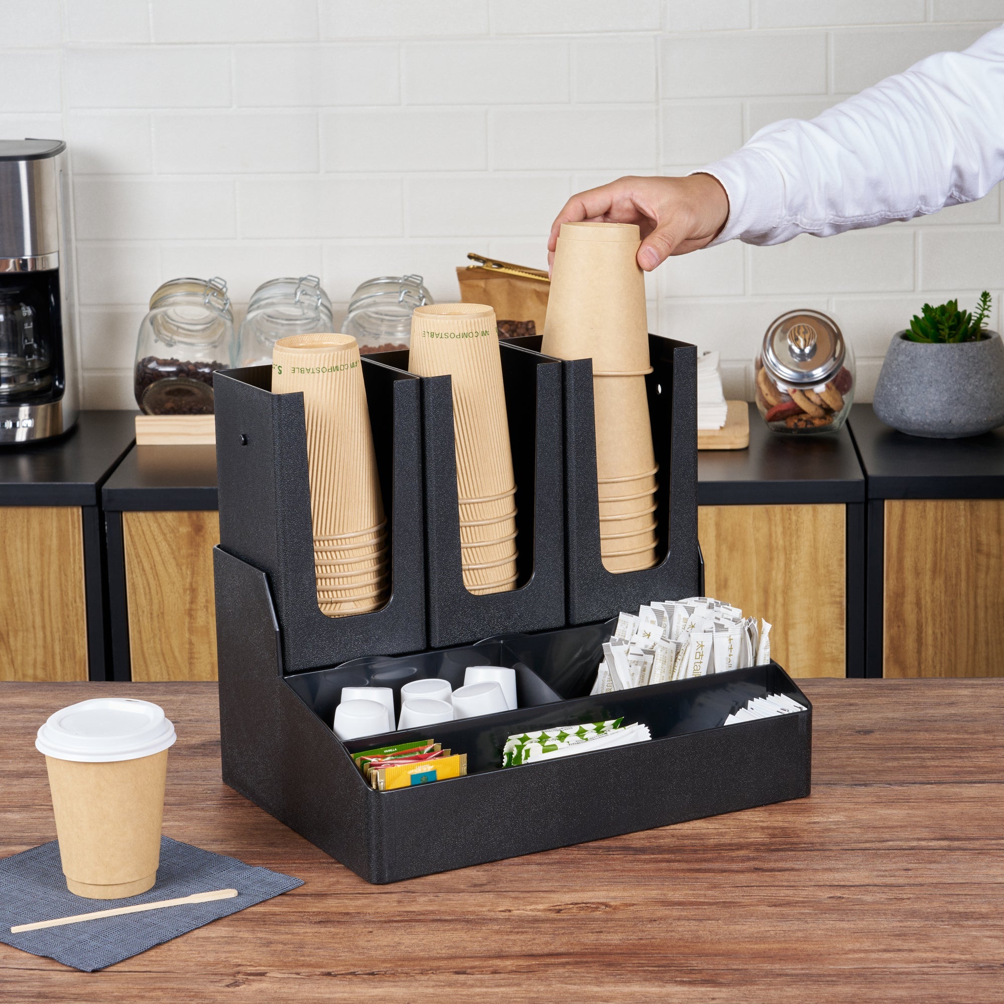 Restpresso Black Plastic Coffee Cup / Lid / Condiment Organizer - 6 Compartments - 14" x 10 1/2" x 12 1/4" - 1 count box