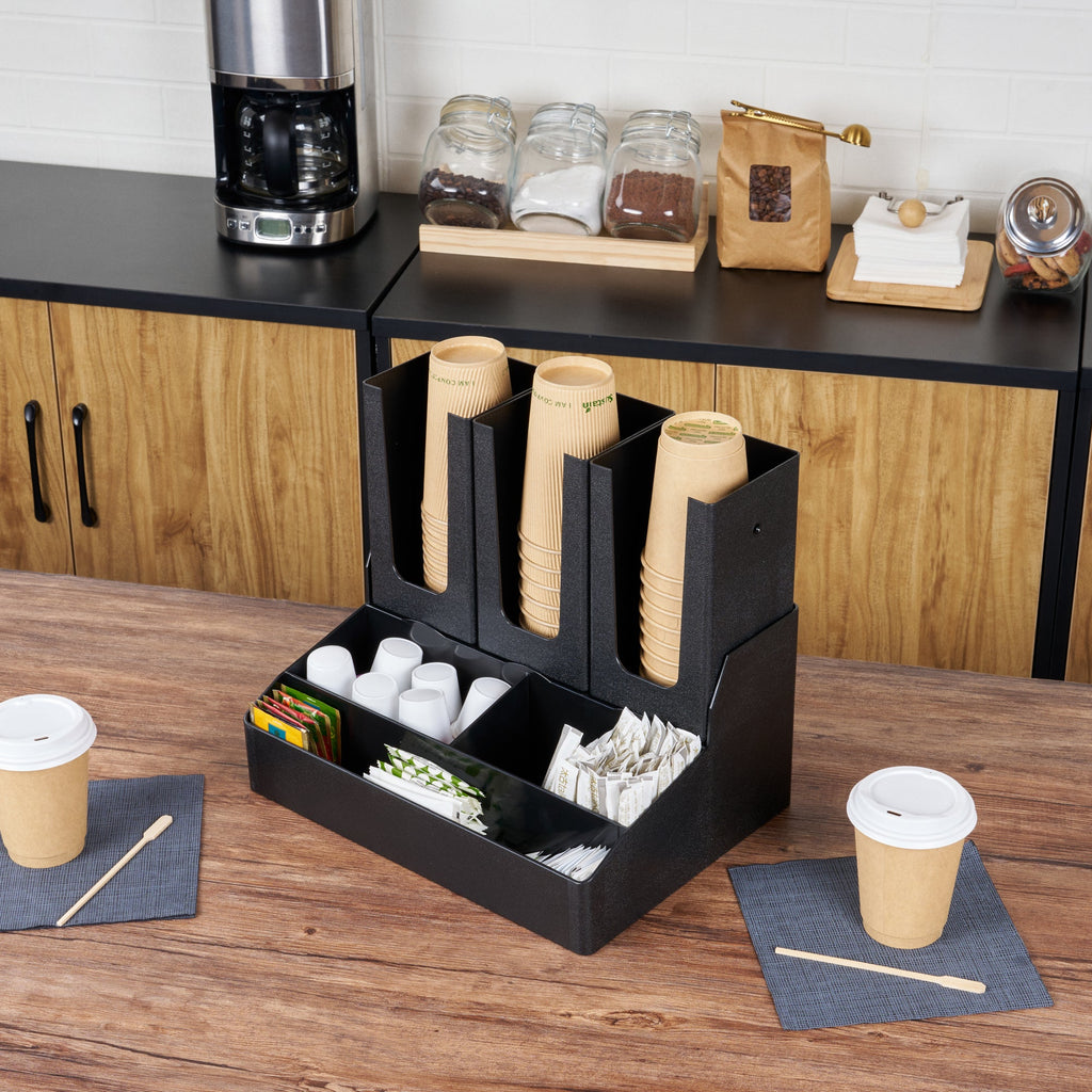 Restpresso Black Plastic Coffee Cup / Lid / Condiment Organizer - 6 Compartments - 14" x 10 1/2" x 12 1/4" - 1 count box