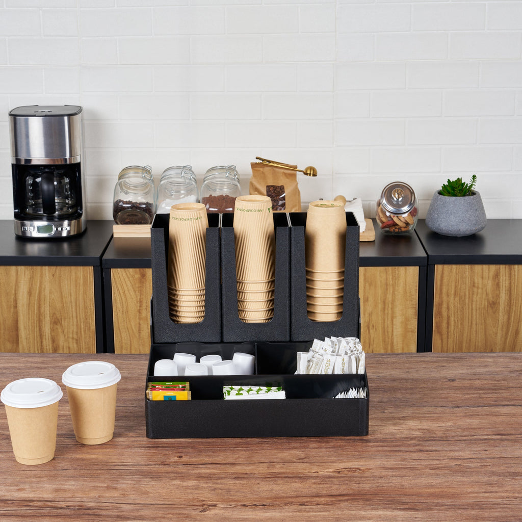 Restpresso Black Plastic Coffee Cup / Lid / Condiment Organizer - 6 Compartments - 14" x 10 1/2" x 12 1/4" - 1 count box