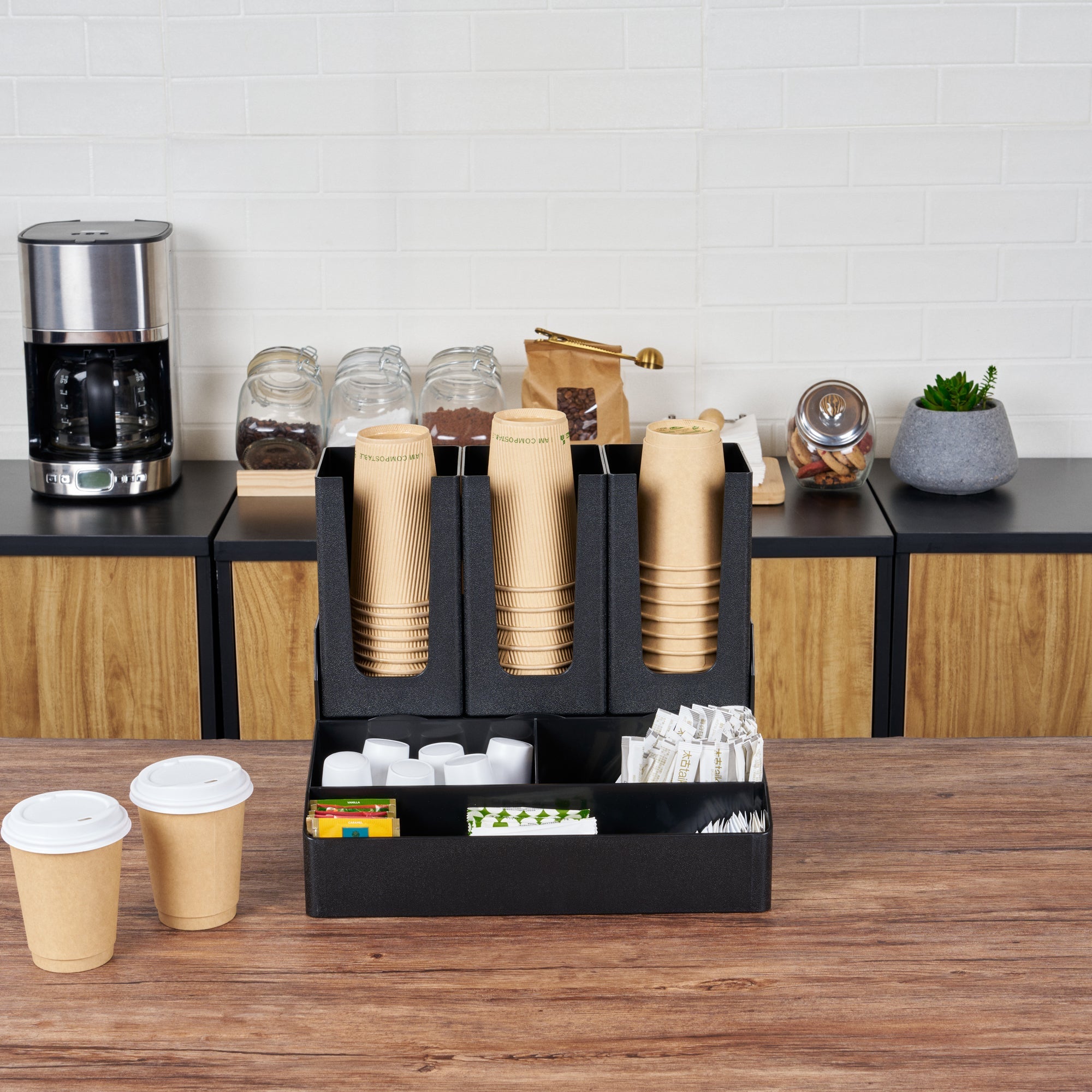Restpresso Black Plastic Coffee Cup / Lid / Condiment Organizer - 6 Compartments - 14" x 10 1/2" x 12 1/4" - 1 count box