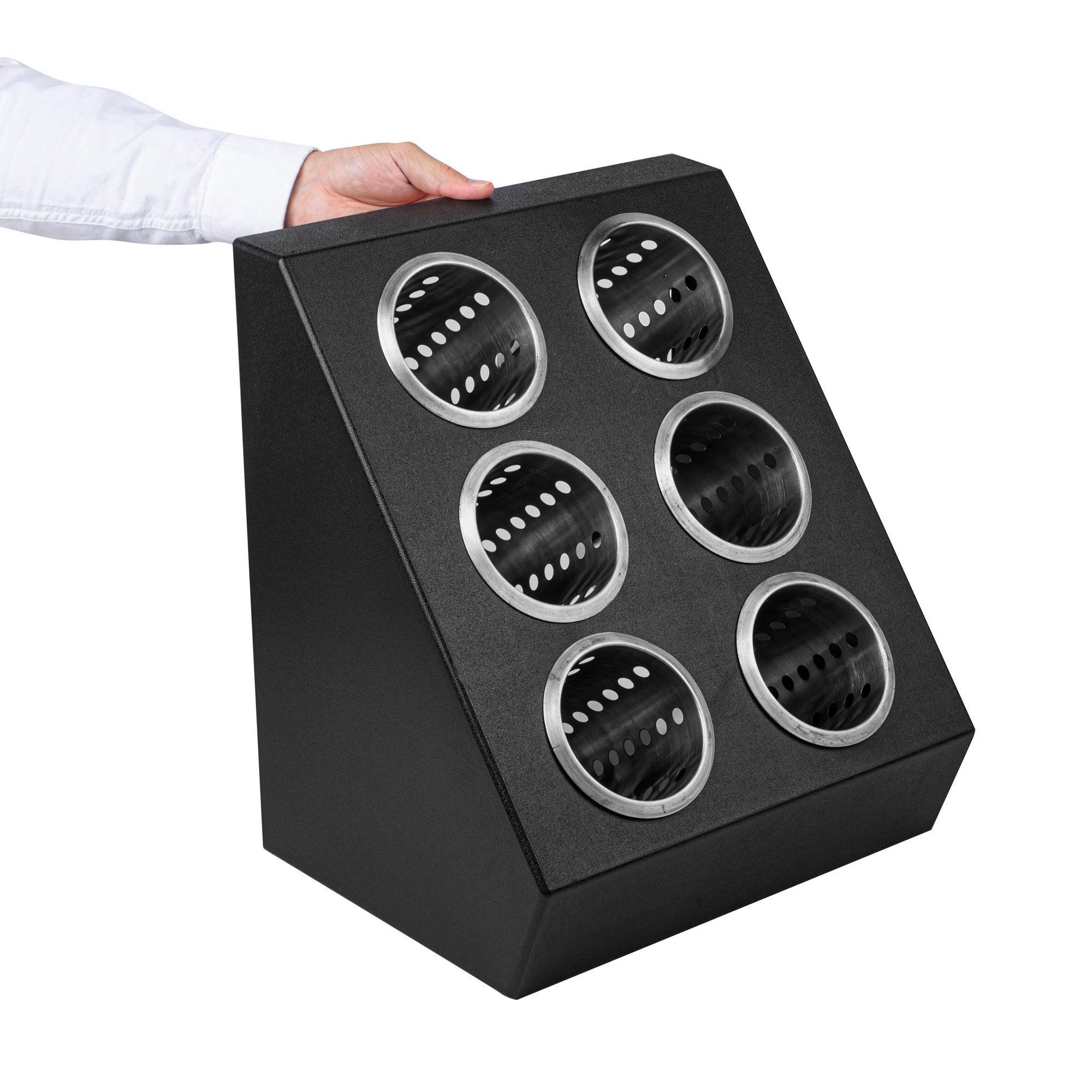 Met Lux Black Plastic Flatware Organizer - 6 Holes, Stainless Steel Cylinders - 1 count box