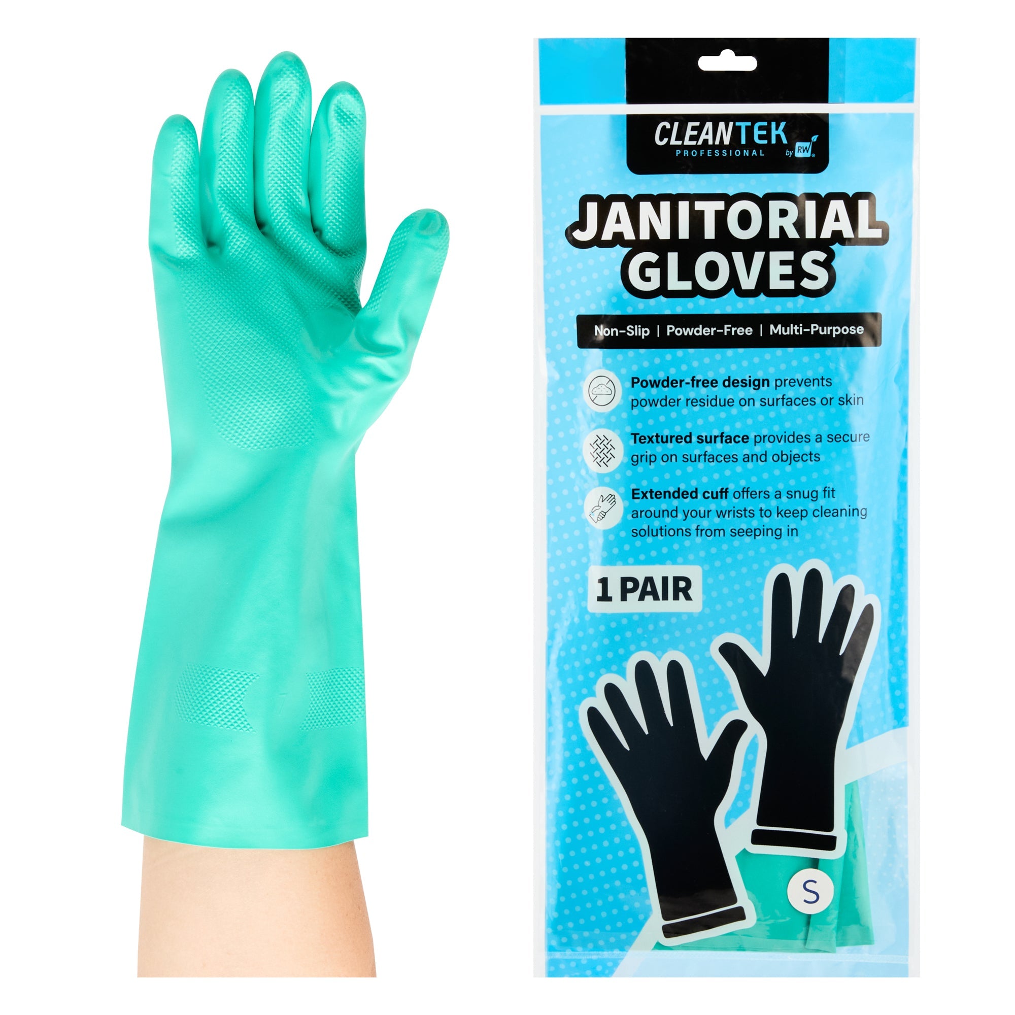 Clean Tek Professional Green Small Nitrile Gloves - 15 mil, Flock Lining, Chemical-Resistant - 13" x 4 1/4" - Pair - 1 count box