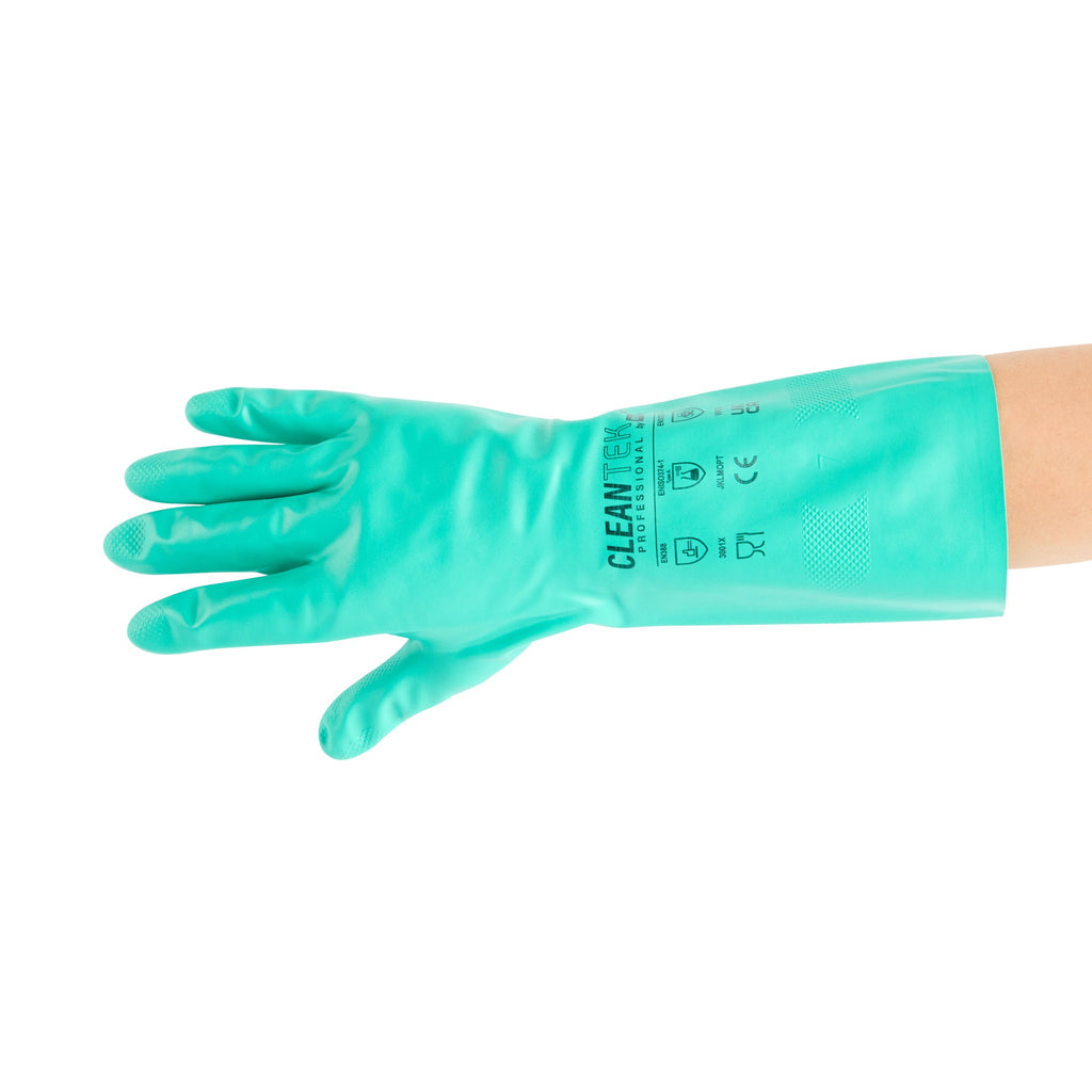 Clean Tek Professional Green Small Nitrile Gloves - 15 mil, Flock Lining, Chemical-Resistant - 13" x 4 1/4" - Pair - 10 count box