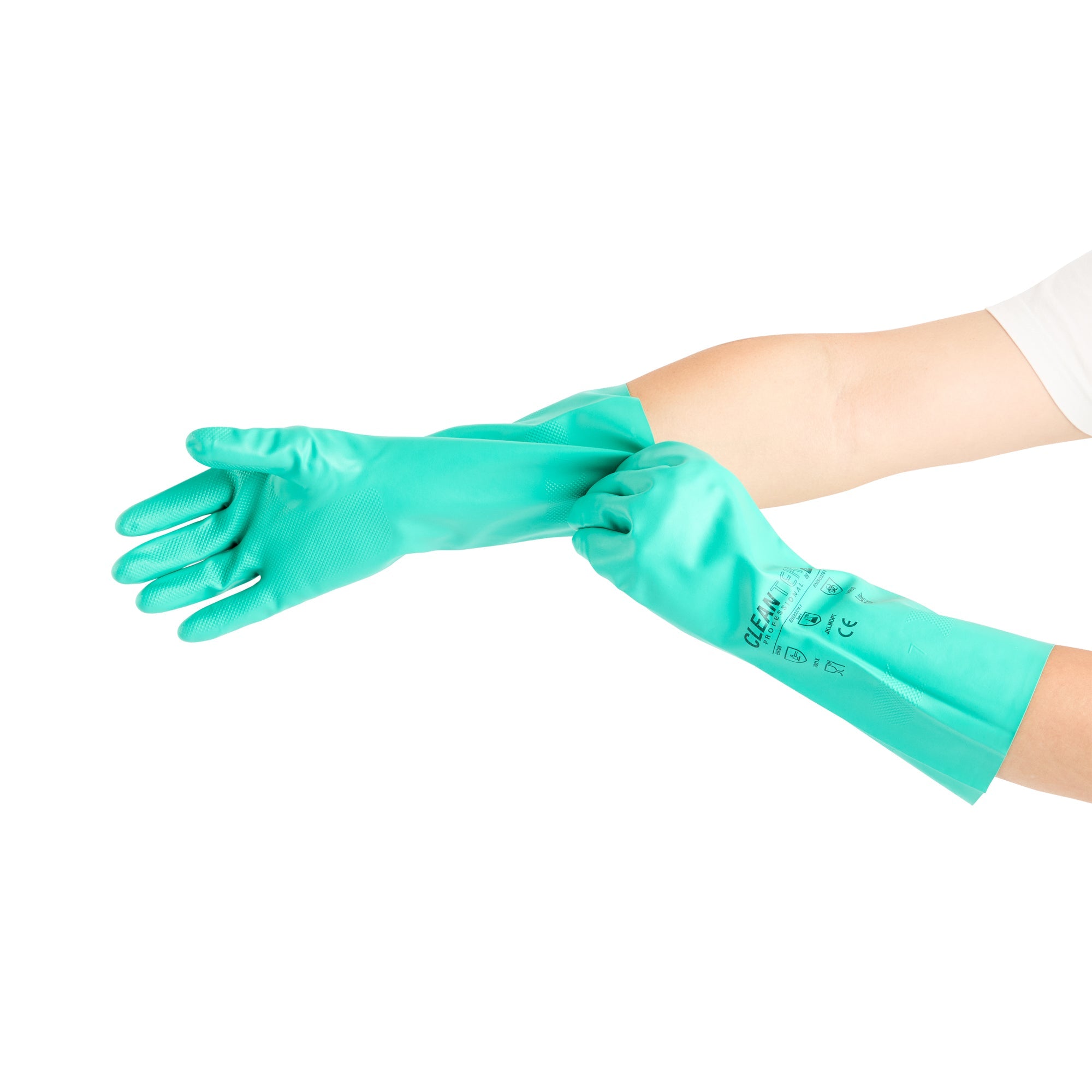 Clean Tek Professional Green Small Nitrile Gloves - 15 mil, Flock Lining, Chemical-Resistant - 13" x 4 1/4" - Pair - 10 count box