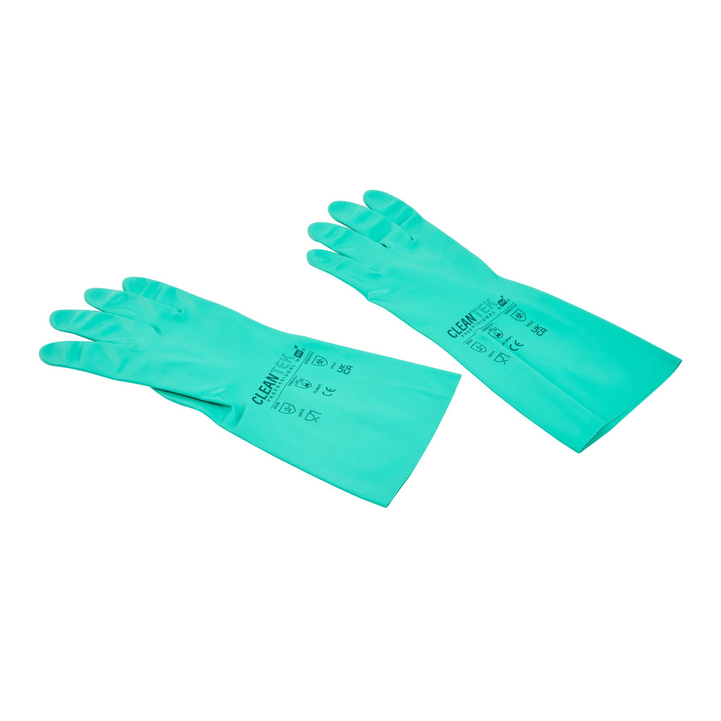 Clean Tek Professional Green Small Nitrile Gloves - 15 mil, Flock Lining, Chemical-Resistant - 13" x 4 1/4" - Pair - 10 count box