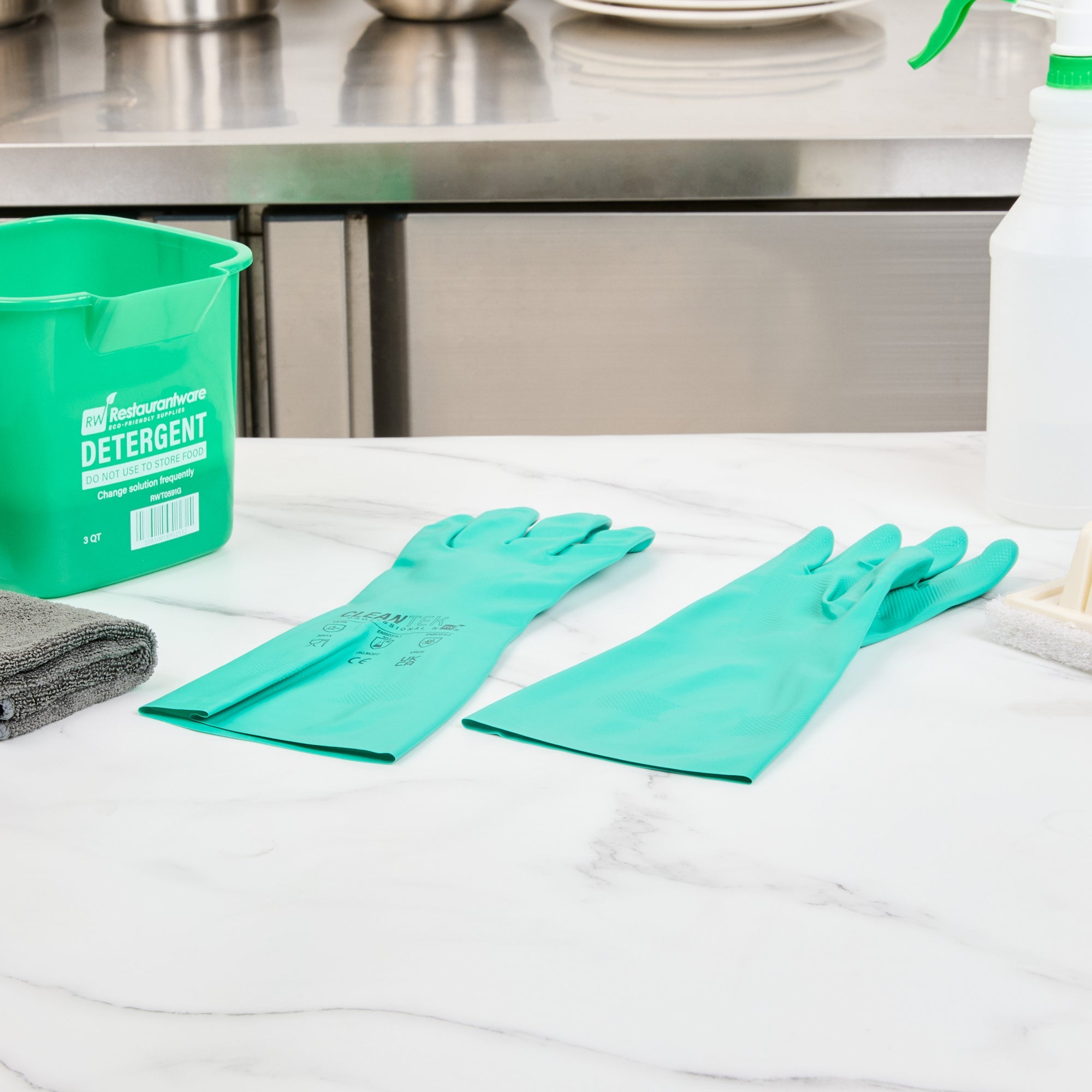 Clean Tek Professional Green Small Nitrile Gloves - 15 mil, Flock Lining, Chemical-Resistant - 13" x 4 1/4" - Pair - 10 count box