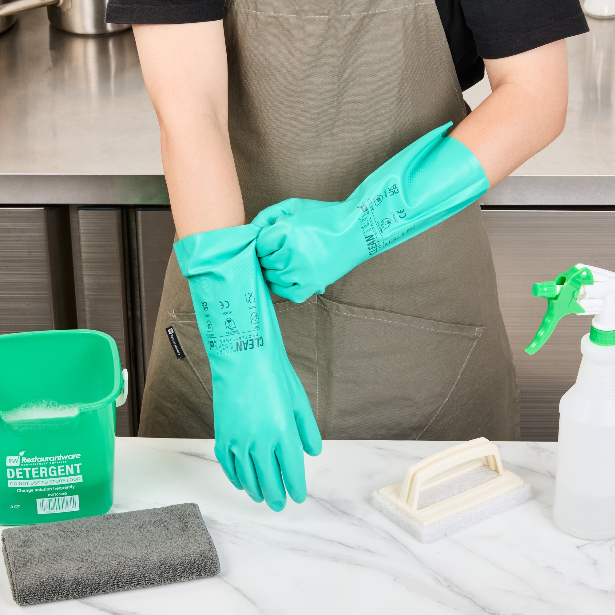 Clean Tek Professional Green Small Nitrile Gloves - 15 mil, Flock Lining, Chemical-Resistant - 13" x 4 1/4" - Pair - 10 count box