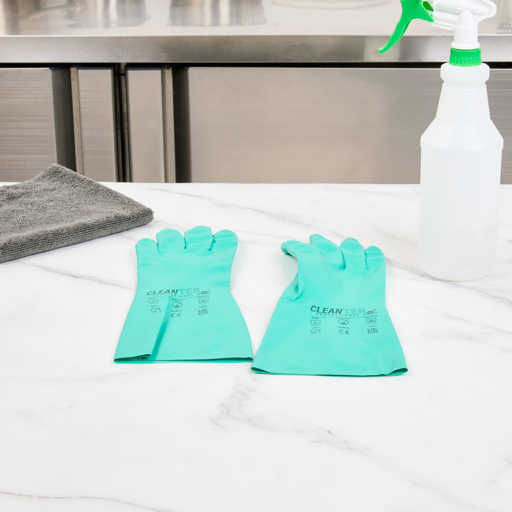 Clean Tek Professional Green Small Nitrile Gloves - 15 mil, Flock Lining, Chemical-Resistant - 13" x 4 1/4" - Pair - 10 count box