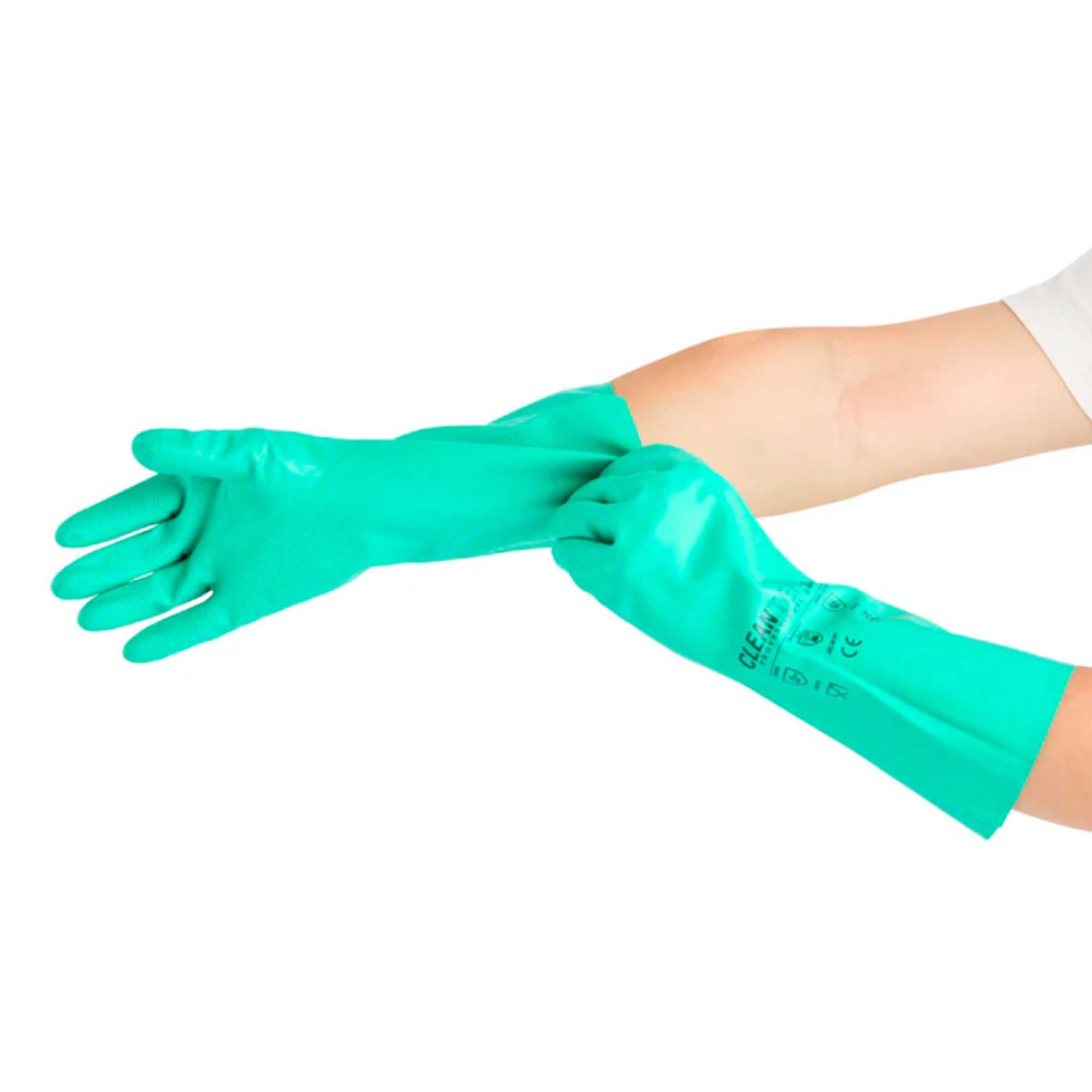 Clean Tek Professional Green Medium Nitrile Gloves - 15 mil, Flock Lining, Chemical-Resistant - 13" x 4 1/4" - Pair - 1 count box