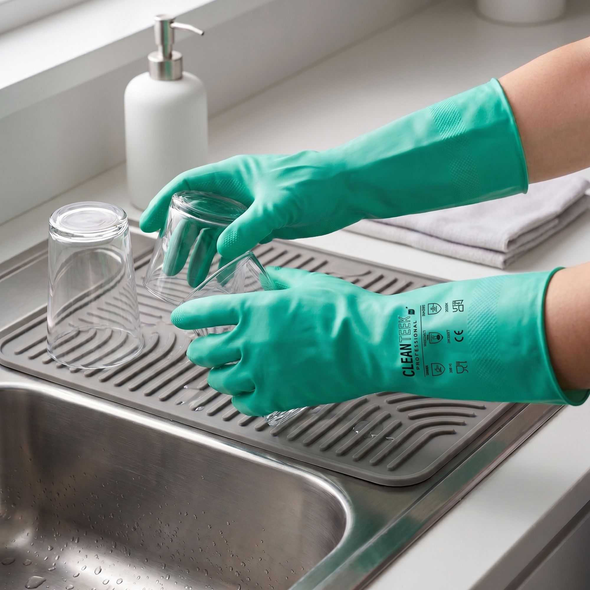 Clean Tek Professional Green Medium Nitrile Gloves - 15 mil, Flock Lining, Chemical-Resistant - 13" x 4 1/4" - Pair - 10 count box