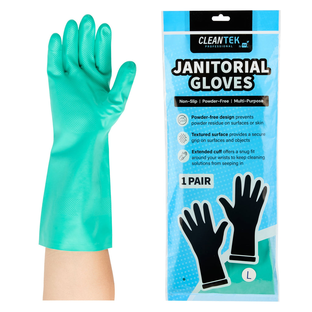 Clean Tek Professional Green Large Nitrile Gloves - 15 mil, Flock Lining, Chemical-Resistant - 13" x 4 1/2" - Pair - 1 count box