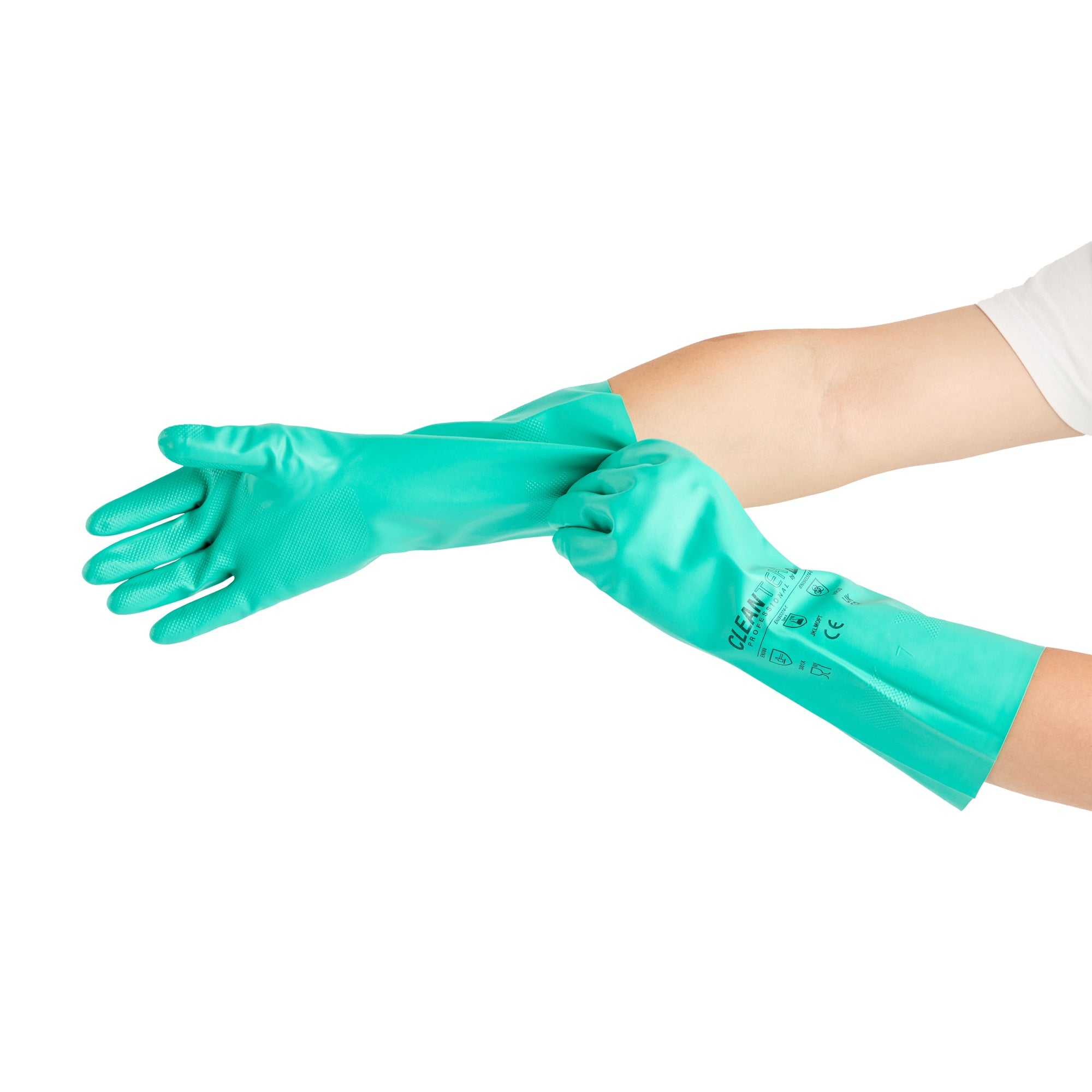 Clean Tek Professional Green Large Nitrile Gloves - 15 mil, Flock Lining, Chemical-Resistant - 13" x 4 1/2" - Pair - 1 count box