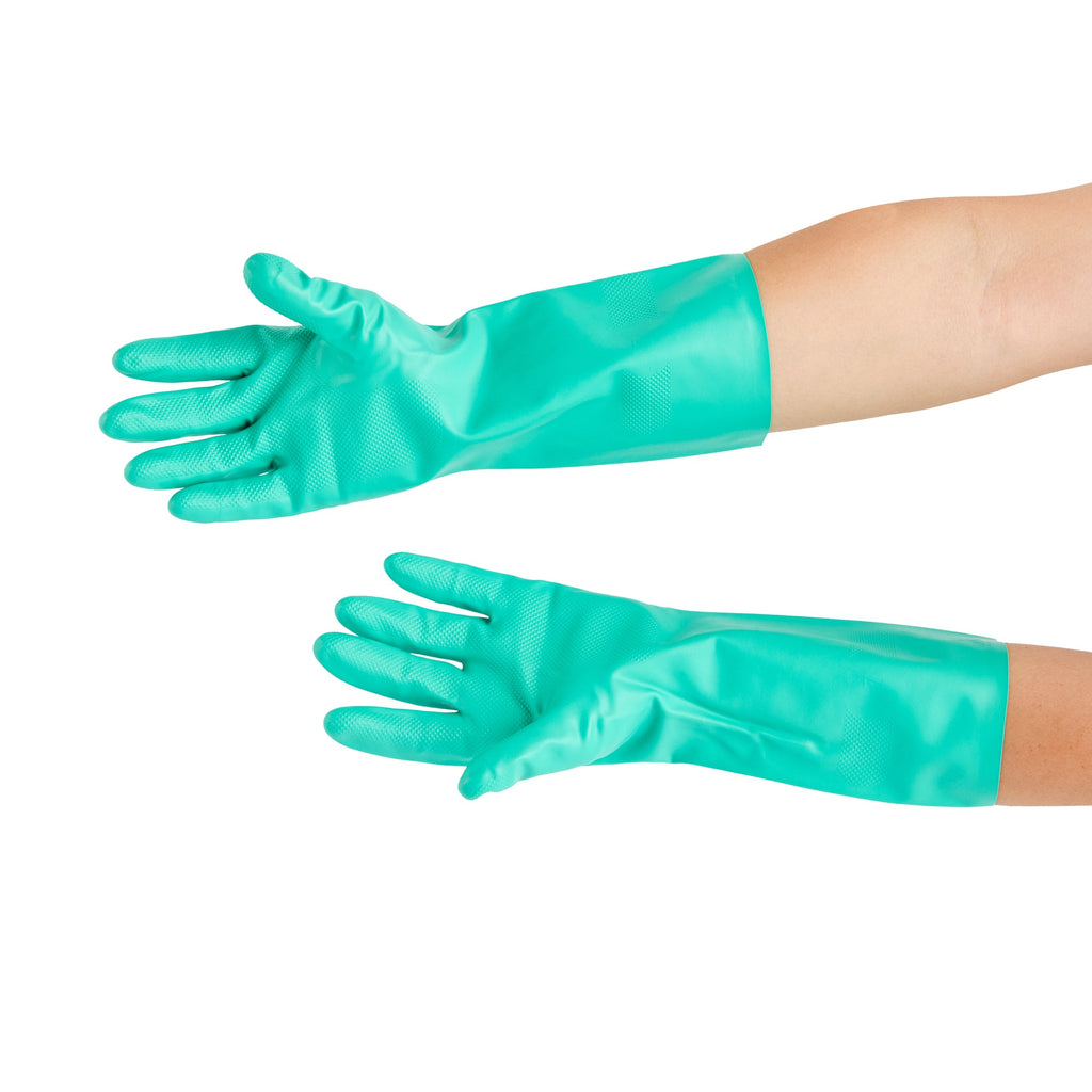 Clean Tek Professional Green Large Nitrile Gloves - 15 mil, Flock Lining, Chemical-Resistant - 13" x 4 1/2" - Pair - 1 count box