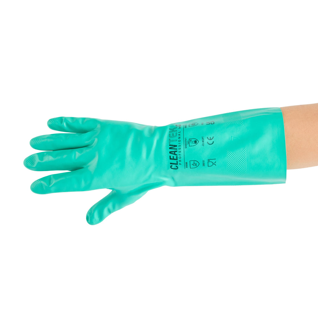 Clean Tek Professional Green Large Nitrile Gloves - 15 mil, Flock Lining, Chemical-Resistant - 13" x 4 1/2" - Pair - 10 count box