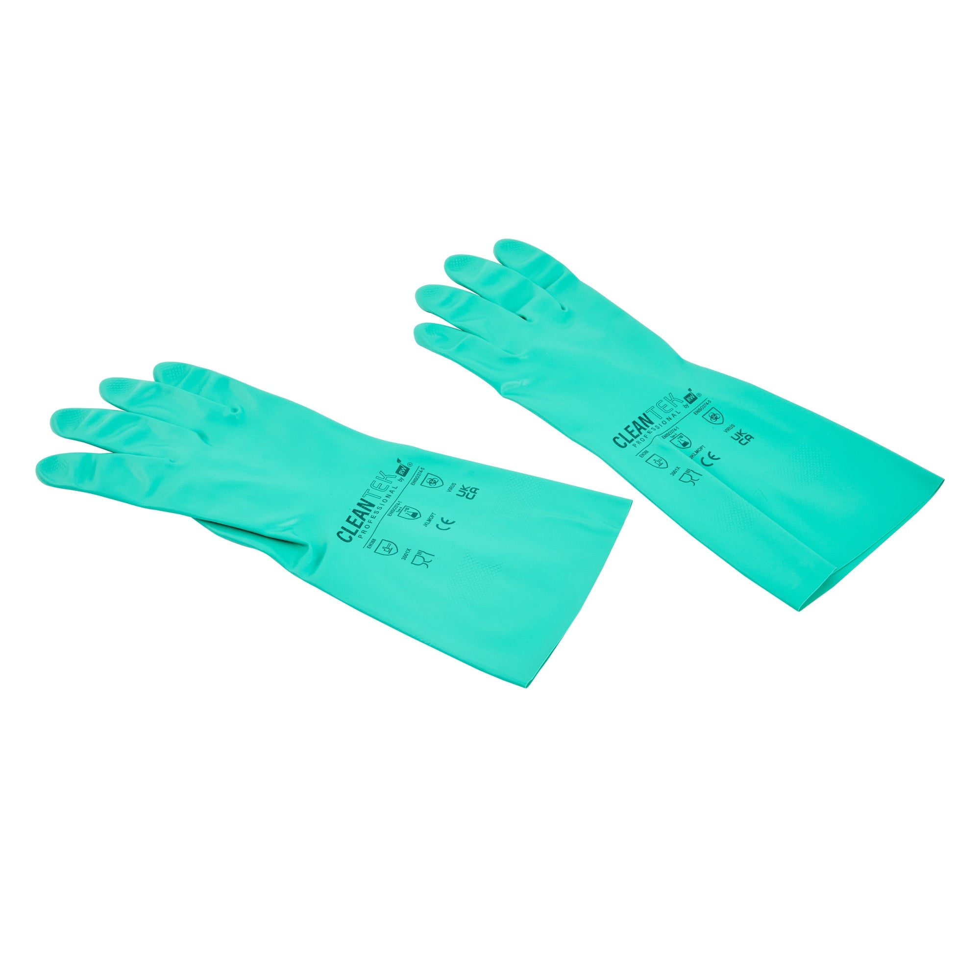 Clean Tek Professional Green Large Nitrile Gloves - 15 mil, Flock Lining, Chemical-Resistant - 13" x 4 1/2" - Pair - 10 count box