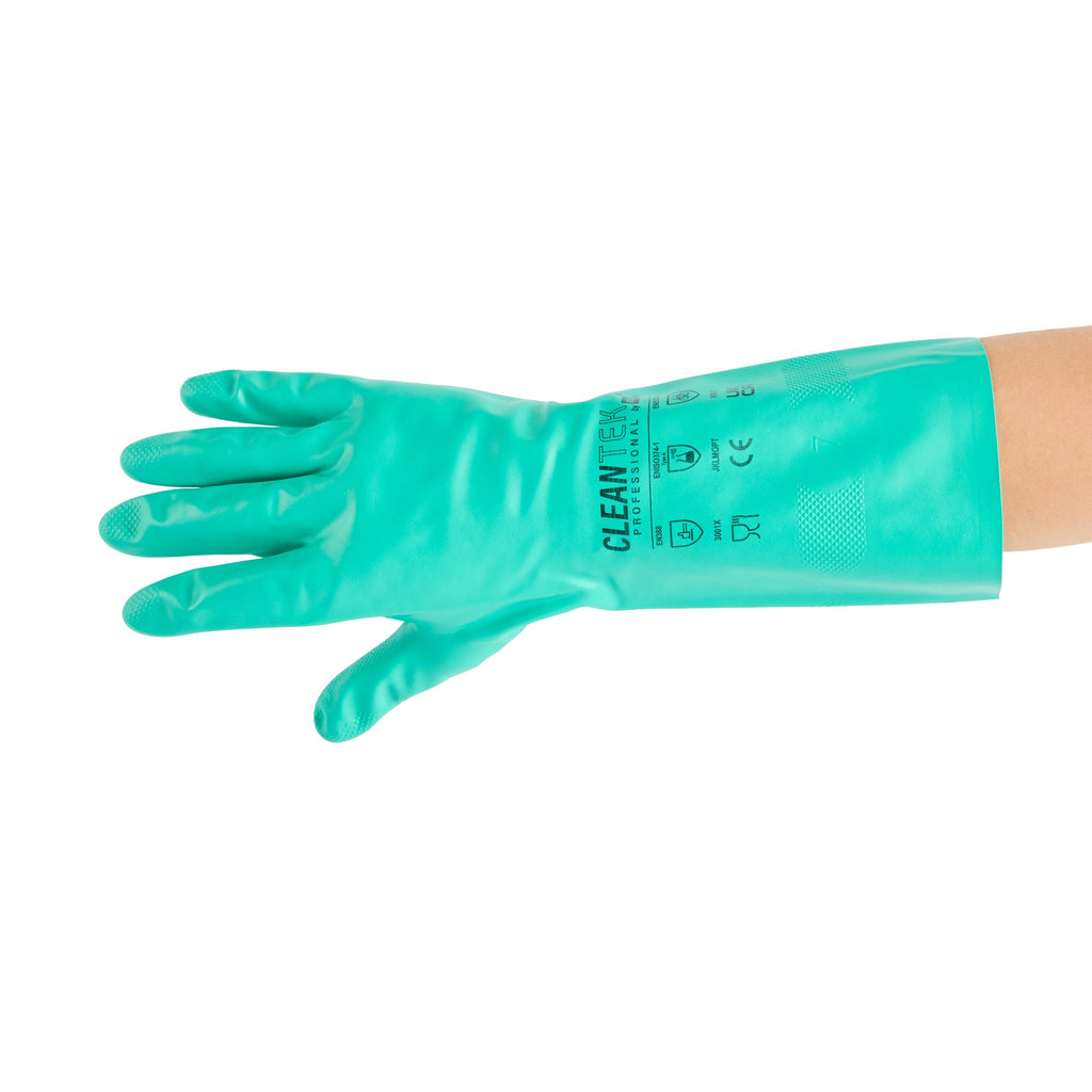 Clean Tek Professional Green Extra Large Nitrile Gloves - 15 mil, Flock Lining, Chemical-Resistant - 13" x 4 3/4" - Pair - 1 count box