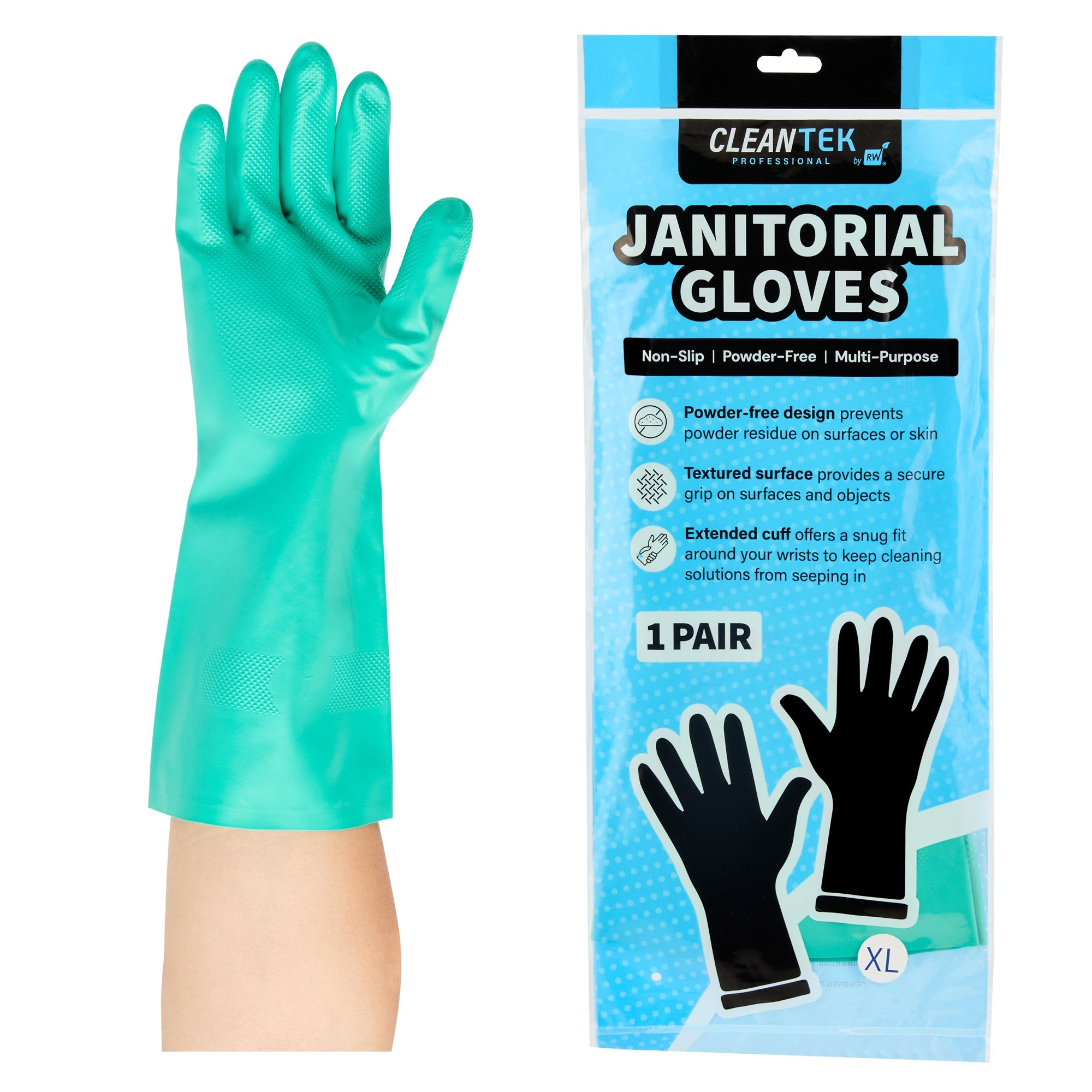Clean Tek Professional Green Extra Large Nitrile Gloves - 15 mil, Flock Lining, Chemical-Resistant - 13" x 4 3/4" - Pair - 10 count box