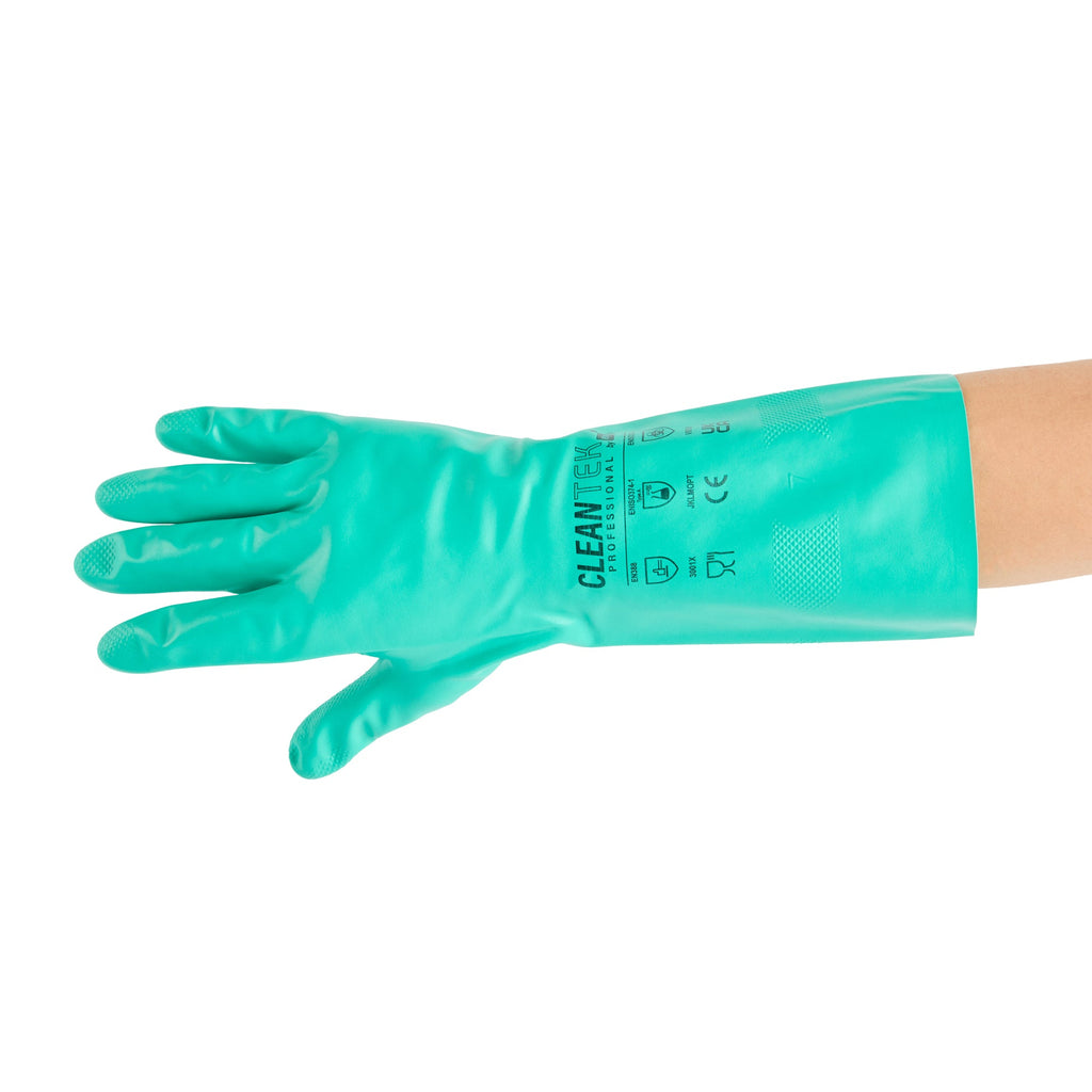 Clean Tek Professional Green XXL Nitrile Gloves - 15 mil, Flock Lining, Chemical-Resistant - 13" x 5" - Pair - 1 count box