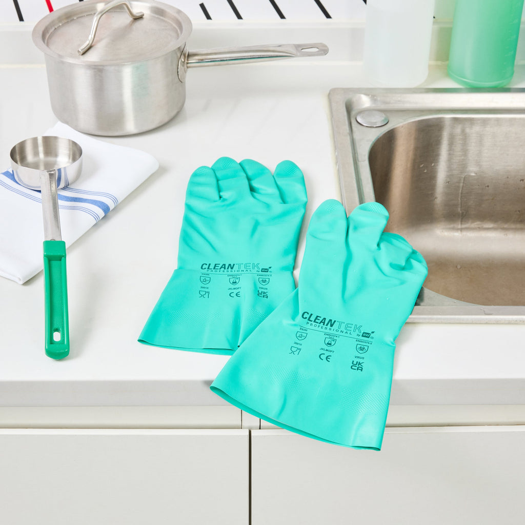 Clean Tek Professional Green XXL Nitrile Gloves - 15 mil, Flock Lining, Chemical-Resistant - 13" x 5" - Pair - 10 count box