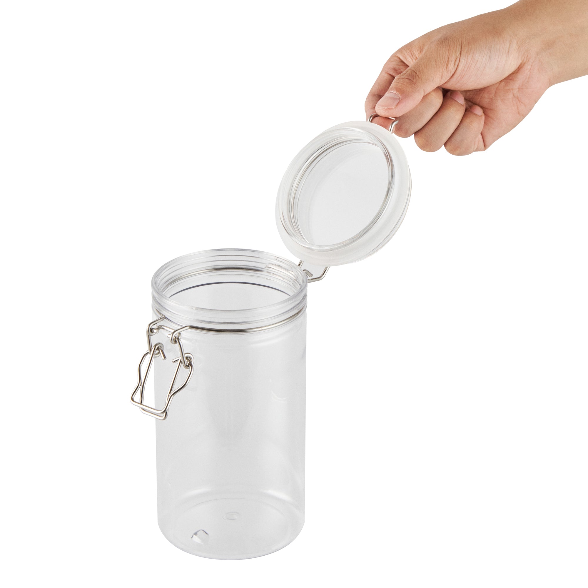 Met Lux 32 oz Round Clear Plastic Storage Jar - with Hinged Lid - 3 3/4" x 3 3/4" x 7 1/4" - 20 count box