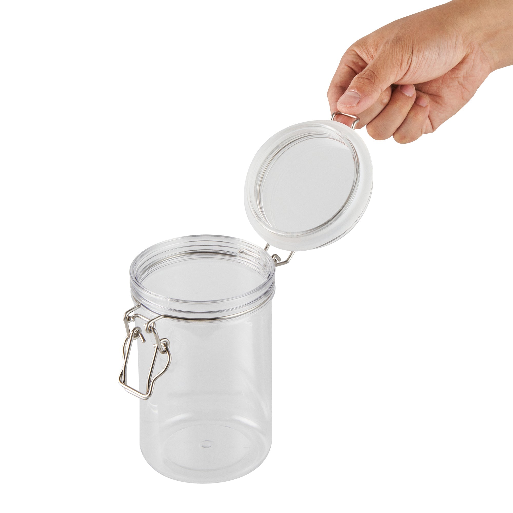 Met Lux 24 oz Round Clear Plastic Storage Jar - with Hinged Lid - 3 1/2" x 3 1/2" x 6" - 20 count box