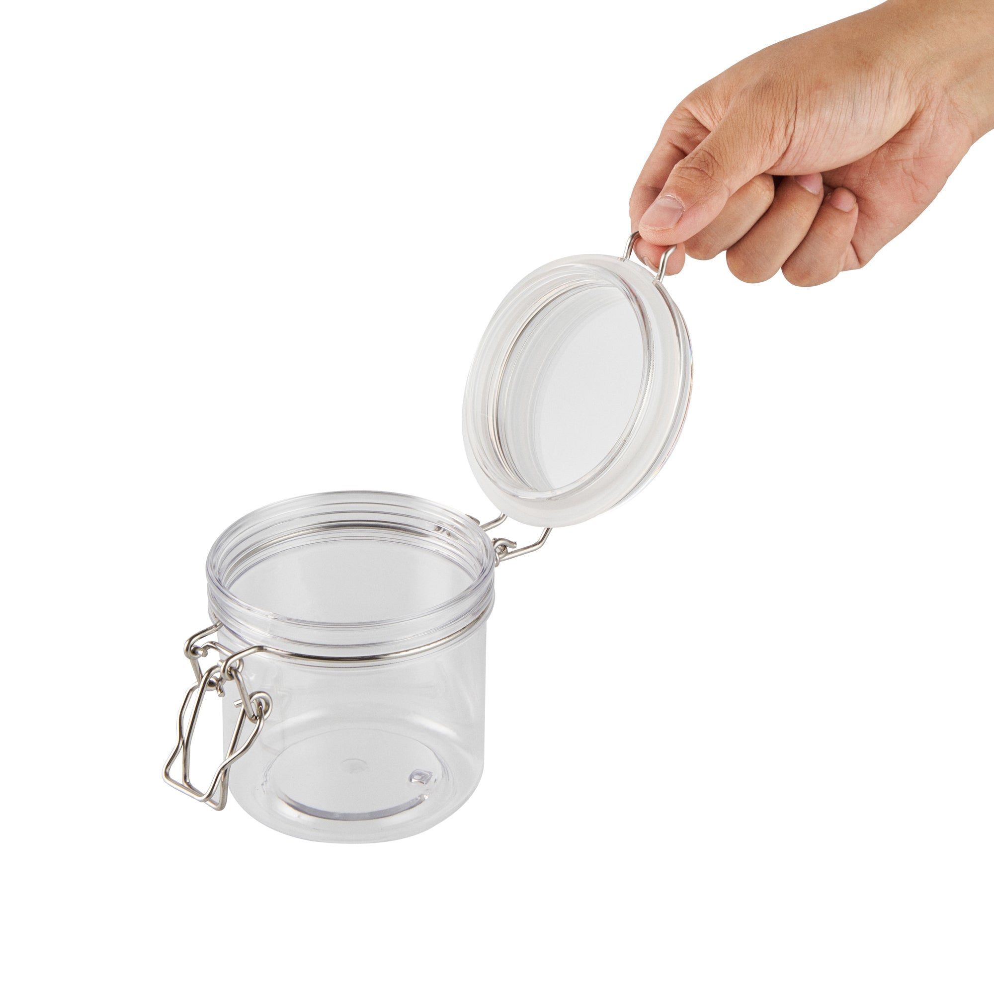Met Lux 15 oz Round Clear Plastic Storage Jar - with Hinged Lid - 3 1/2" x 3 1/2" x 4" - 2 count box