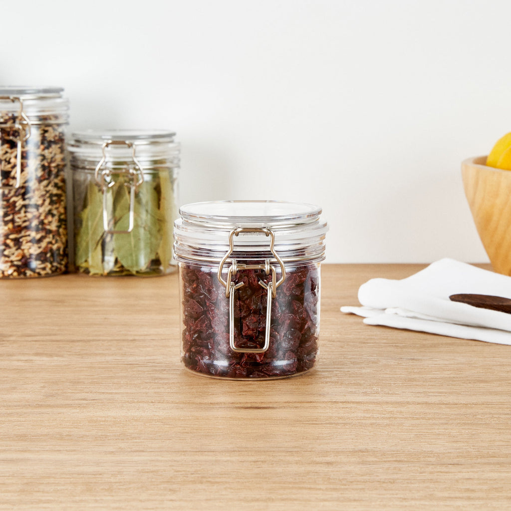 Met Lux 15 oz Round Clear Plastic Storage Jar - with Hinged Lid - 3 1/2" x 3 1/2" x 4" - 20 count box