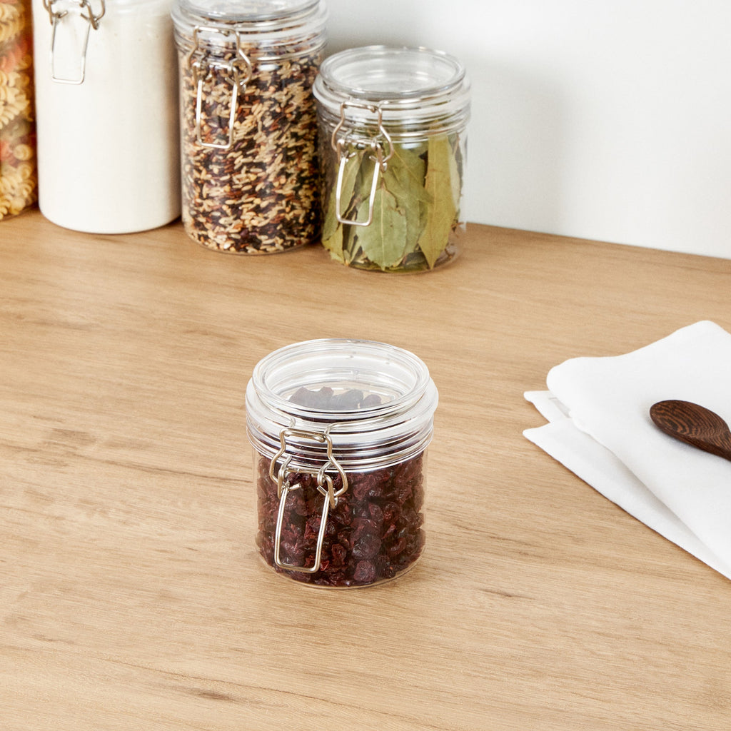 Met Lux 15 oz Round Clear Plastic Storage Jar - with Hinged Lid - 3 1/2" x 3 1/2" x 4" - 20 count box