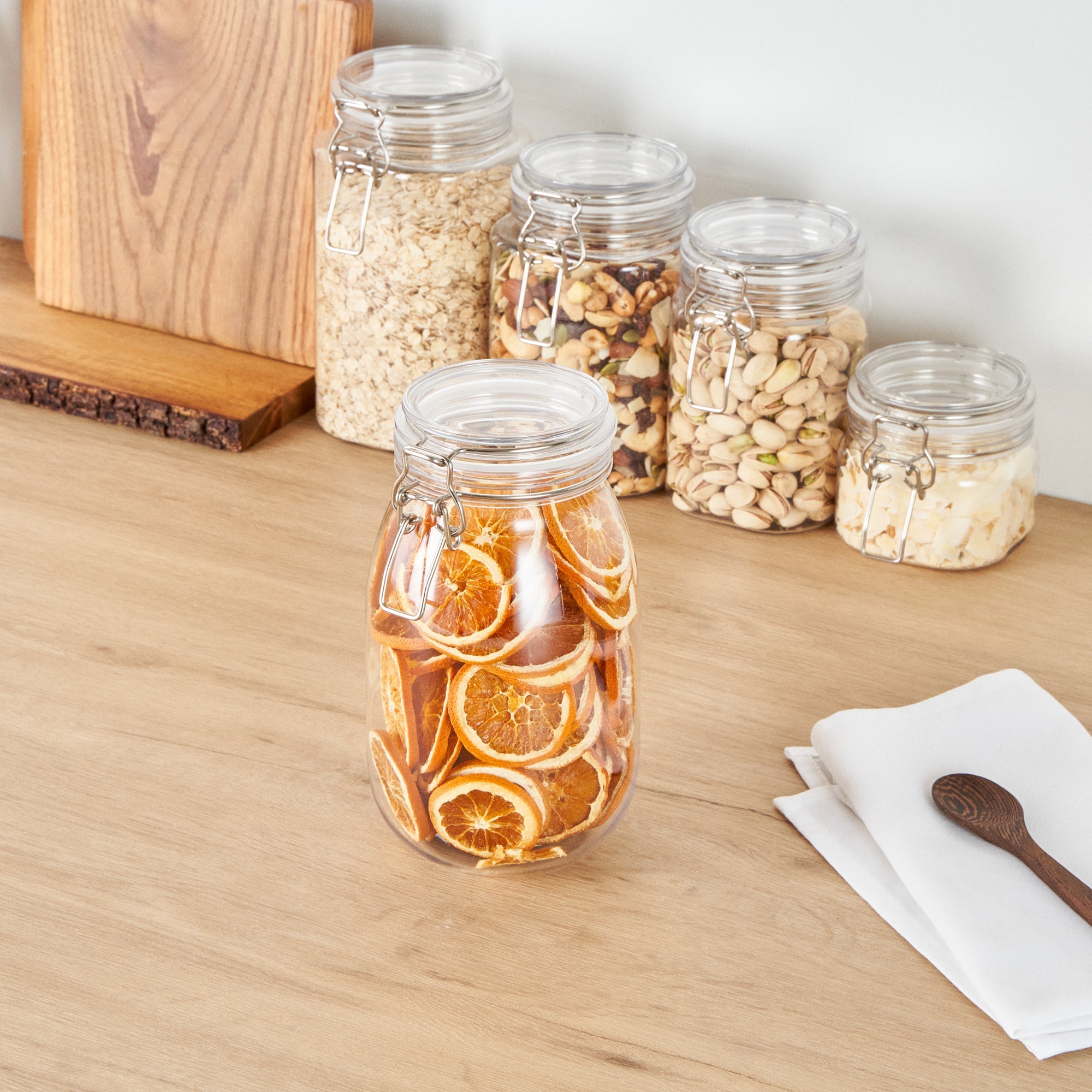 Met Lux 56 oz Round Clear Plastic Storage Jar - with Hinged Lid - 4 3/4" x 4 3/4" x 8 1/4" - 2 count box