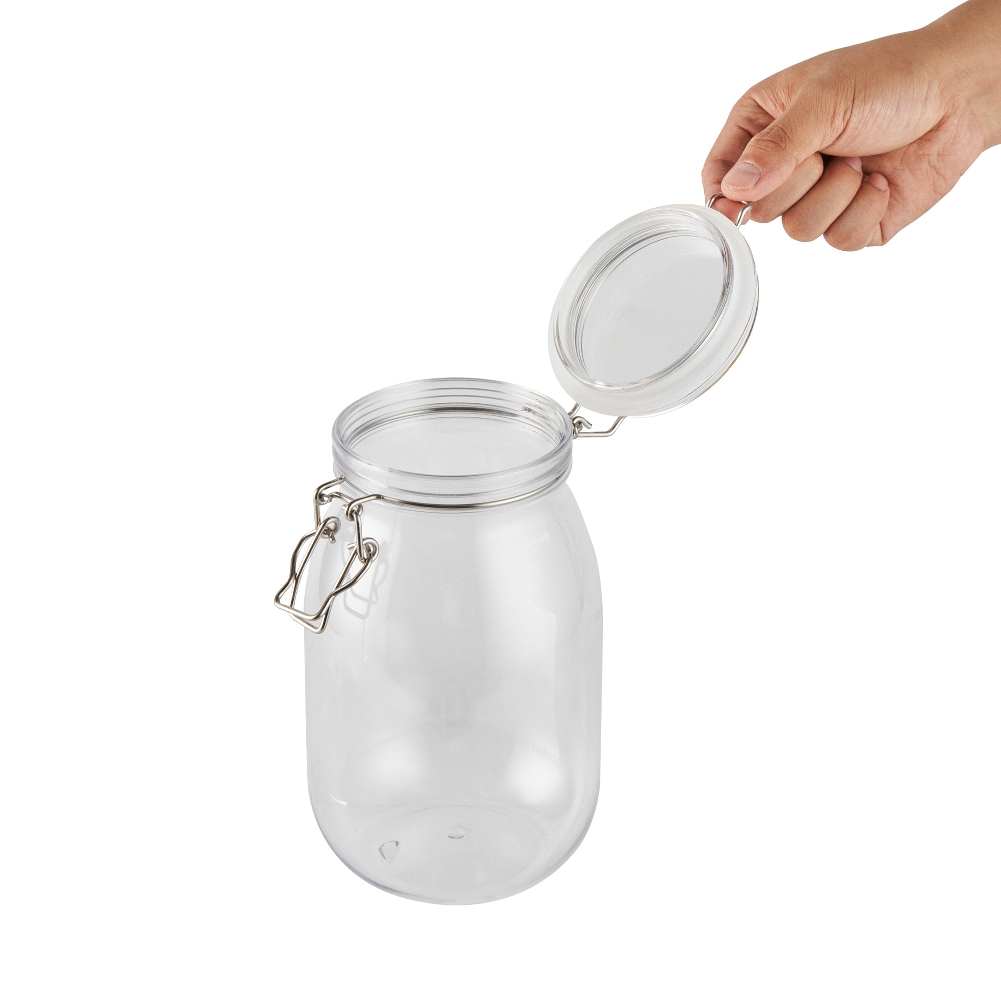 Met Lux 56 oz Round Clear Plastic Storage Jar - with Hinged Lid - 4 3/4" x 4 3/4" x 8 1/4" - 20 count box