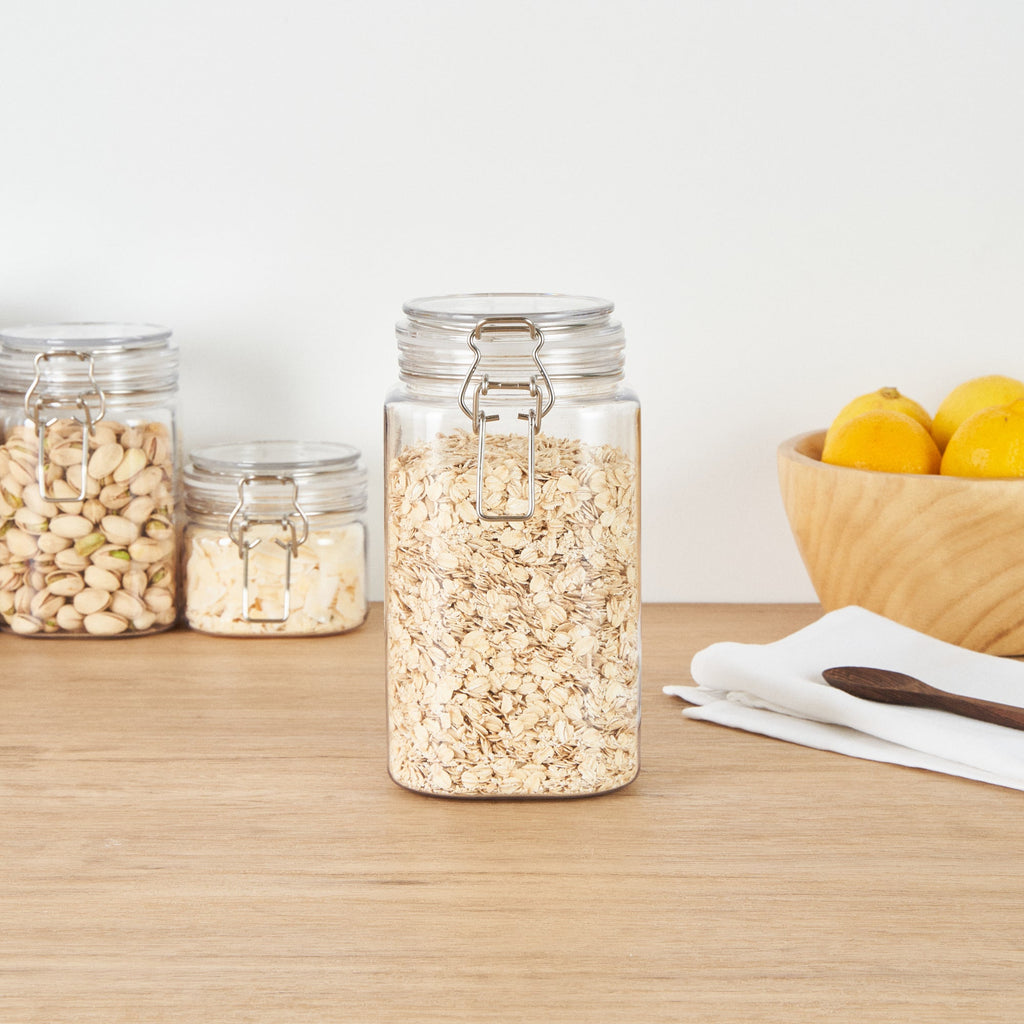 Met Lux 53 oz Square Clear Plastic Storage Jar - with Hinged Lid - 4 1/4" x 4 1/4" x 7 3/4" - 2 count box