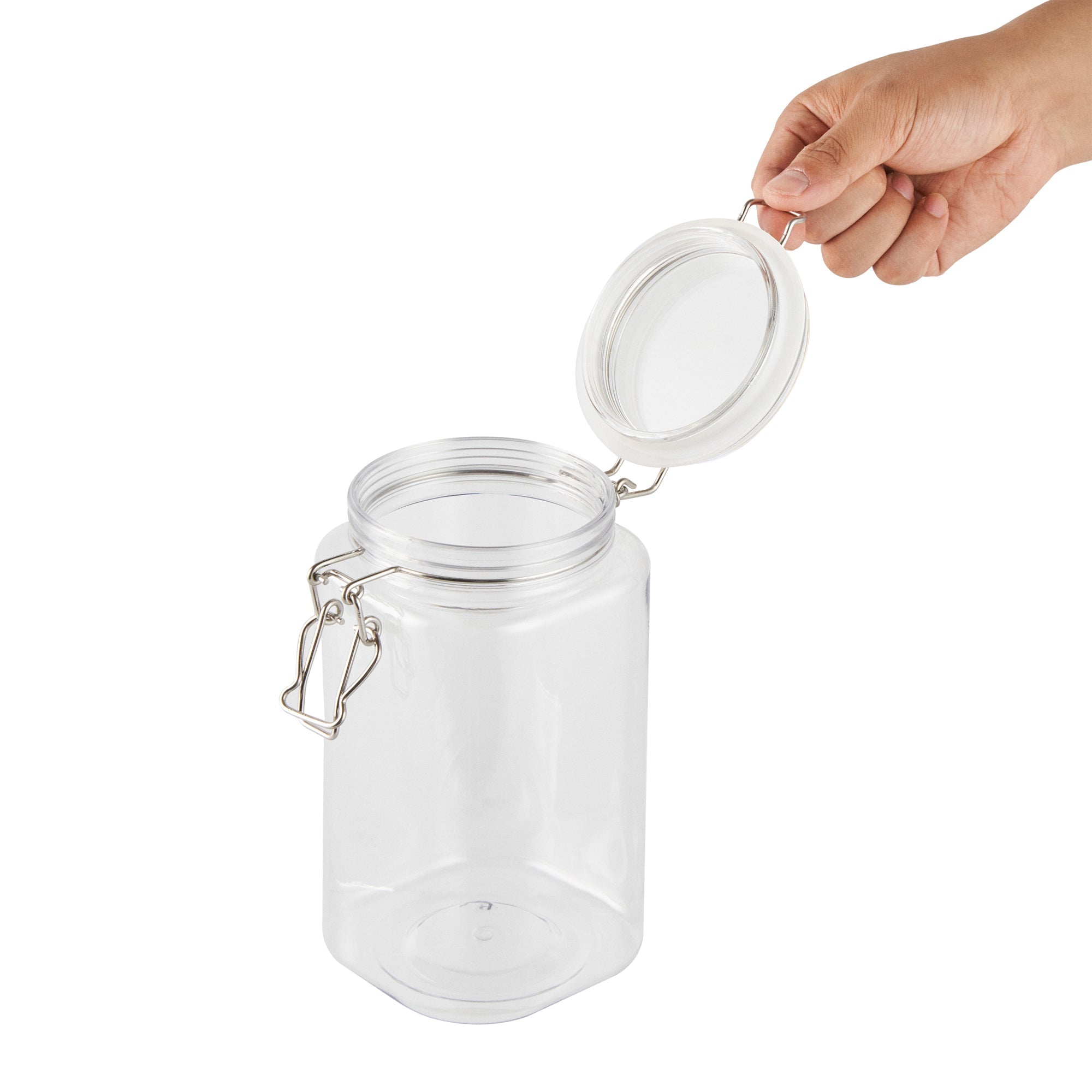 Met Lux 53 oz Square Clear Plastic Storage Jar - with Hinged Lid - 4 1/4" x 4 1/4" x 7 3/4" - 2 count box
