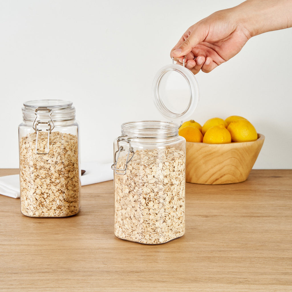 Met Lux 53 oz Square Clear Plastic Storage Jar - with Hinged Lid - 4 1/4" x 4 1/4" x 7 3/4" - 2 count box