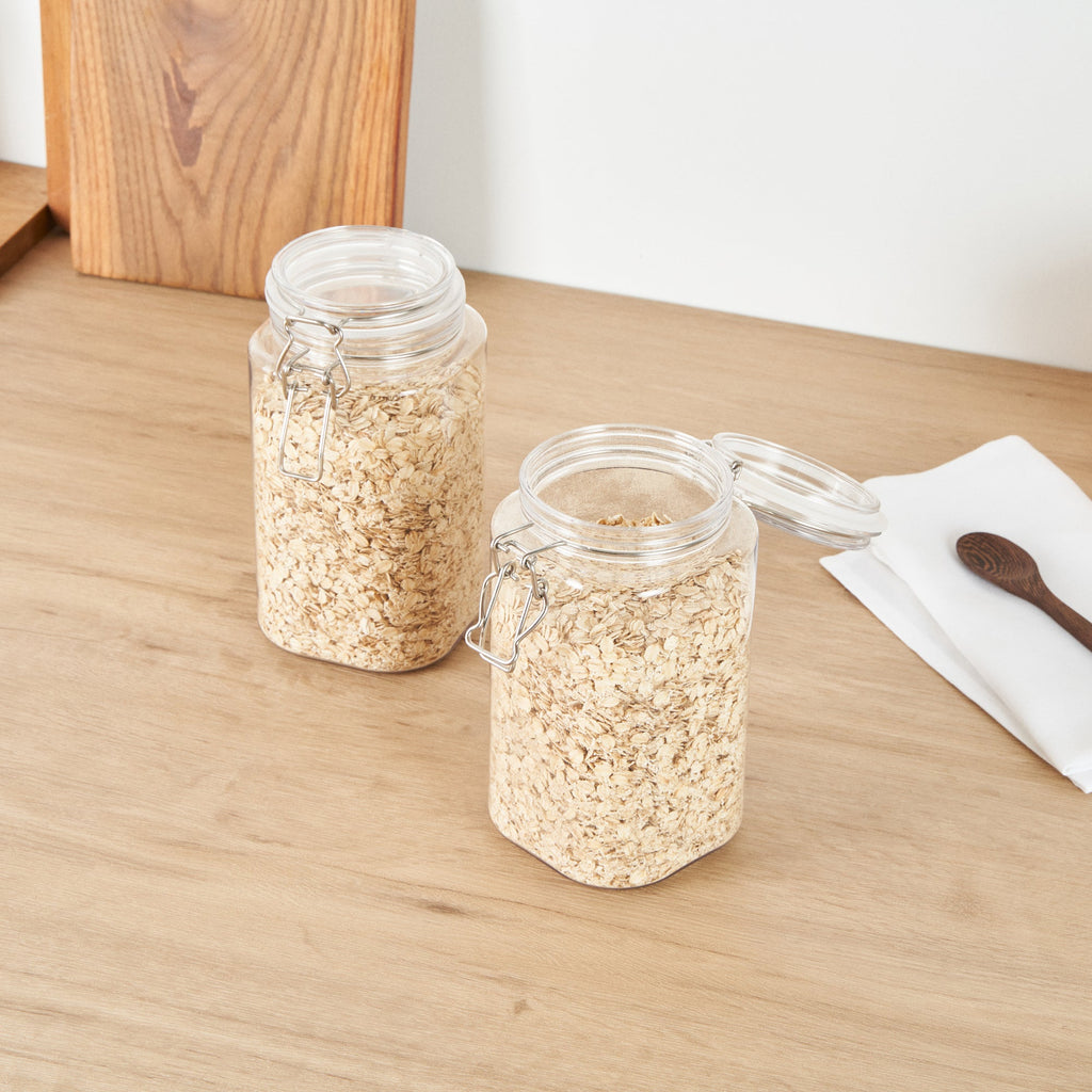 Met Lux 53 oz Square Clear Plastic Storage Jar - with Hinged Lid - 4 1/4" x 4 1/4" x 7 3/4" - 2 count box