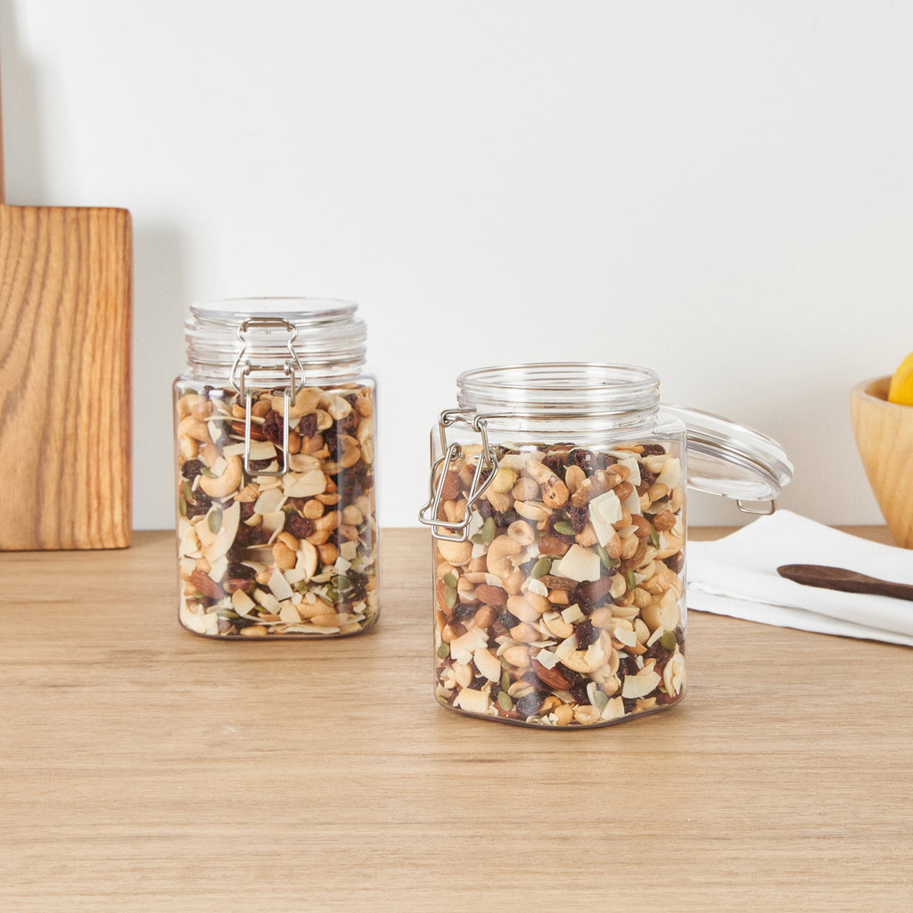 Met Lux 43 oz Square Clear Plastic Storage Jar - with Hinged Lid - 4 1/4" x 4 1/4" x 6 3/4" - 2 count box