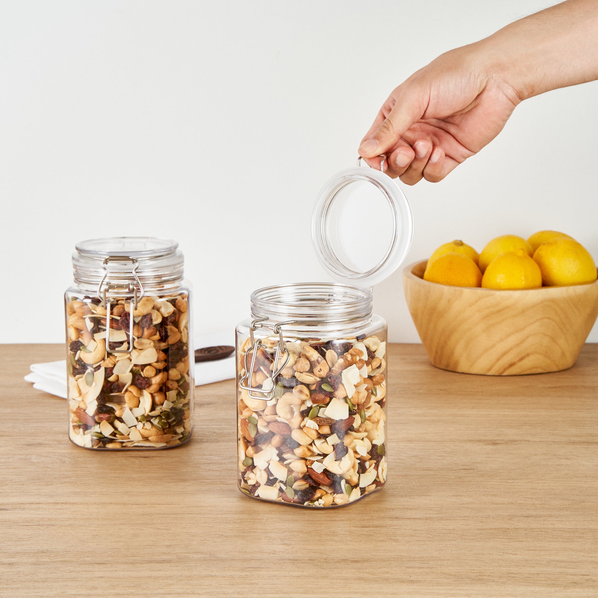 Met Lux 43 oz Square Clear Plastic Storage Jar - with Hinged Lid - 4 1/4" x 4 1/4" x 6 3/4" - 2 count box