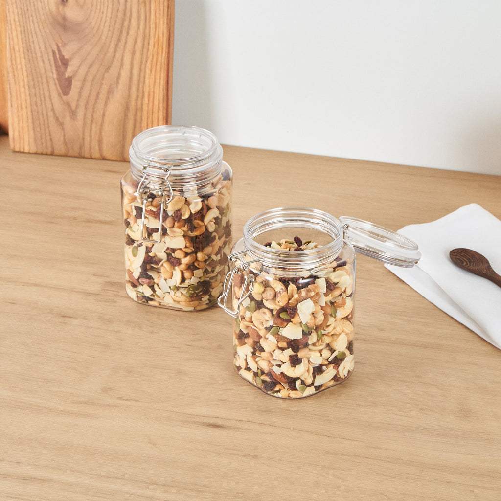 Met Lux 43 oz Square Clear Plastic Storage Jar - with Hinged Lid - 4 1/4" x 4 1/4" x 6 3/4" - 2 count box