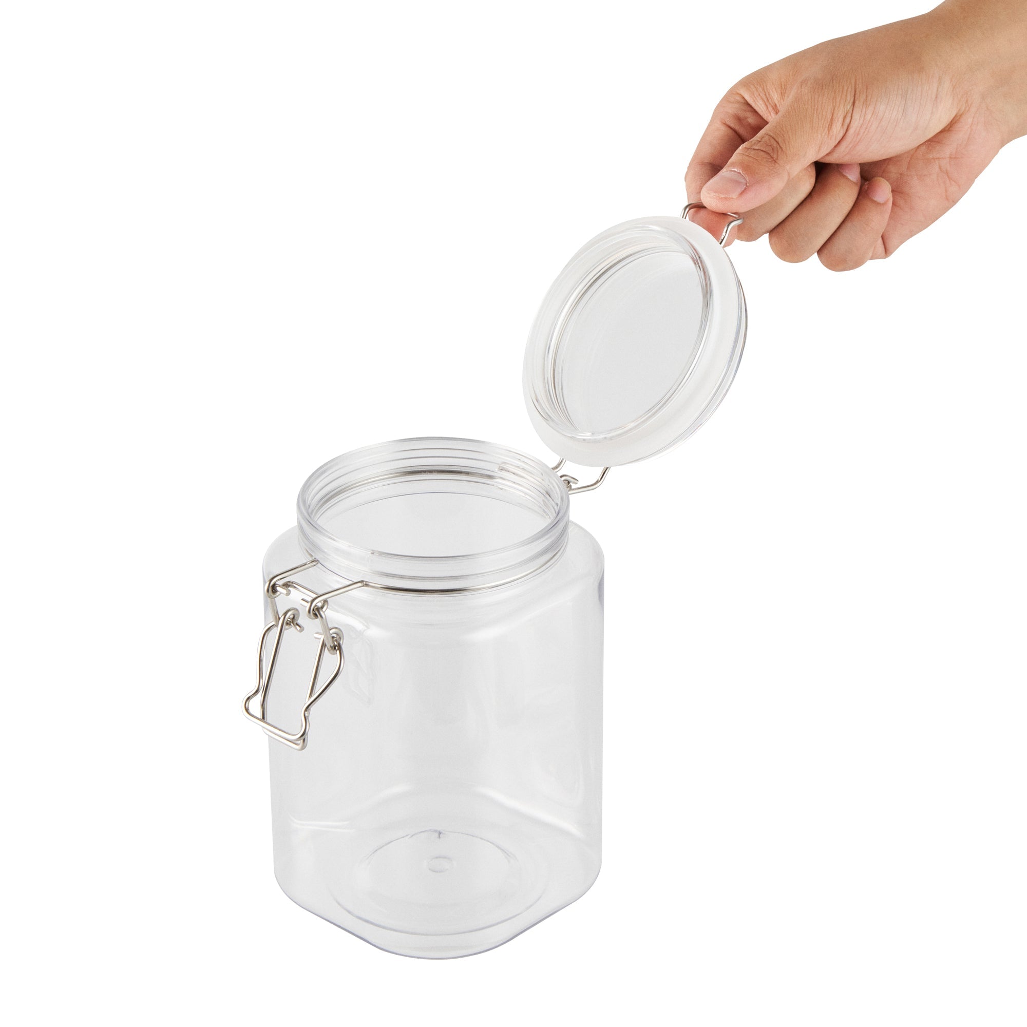 Met Lux 43 oz Square Clear Plastic Storage Jar - with Hinged Lid - 4 1/4" x 4 1/4" x 6 3/4" - 20 count box
