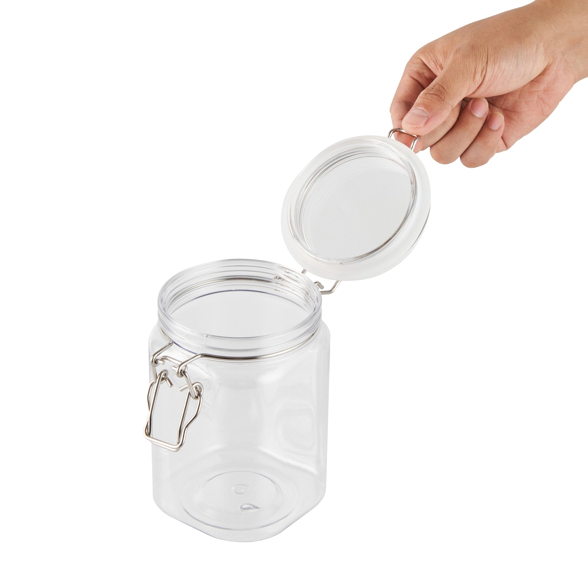 Met Lux 29 oz Square Clear Plastic Storage Jar - with Hinged Lid - 3 3/4" x 3 3/4" x 6" - 2 count box