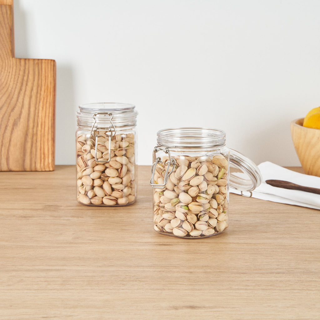 Met Lux 29 oz Square Clear Plastic Storage Jar - with Hinged Lid - 3 3/4" x 3 3/4" x 6" - 2 count box