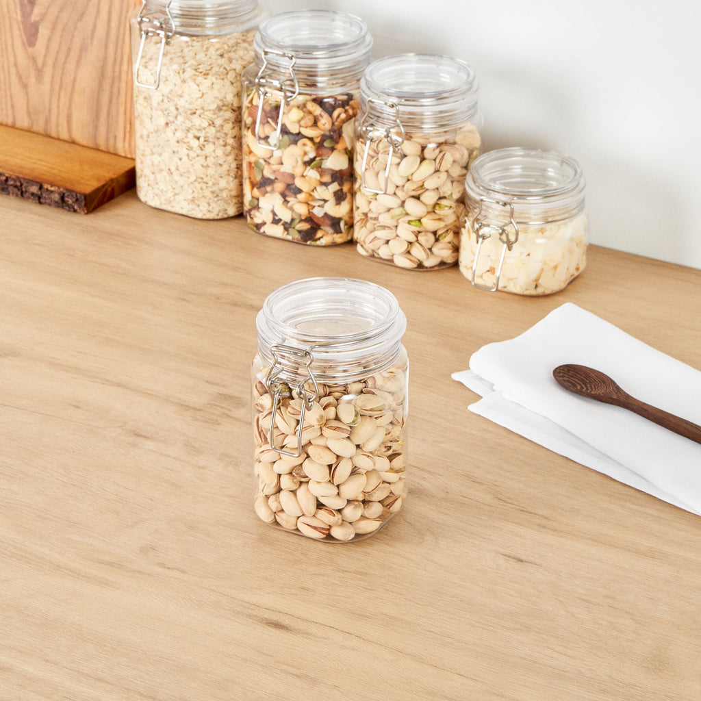 Met Lux 29 oz Square Clear Plastic Storage Jar - with Hinged Lid - 3 3/4" x 3 3/4" x 6" - 2 count box