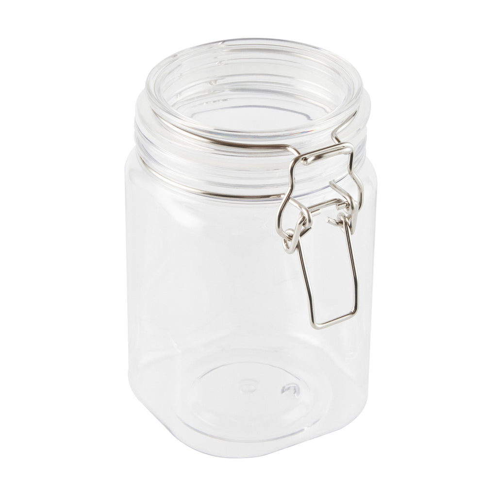 Met Lux 29 oz Square Clear Plastic Storage Jar - with Hinged Lid - 3 3/4" x 3 3/4" x 6" - 20 count box