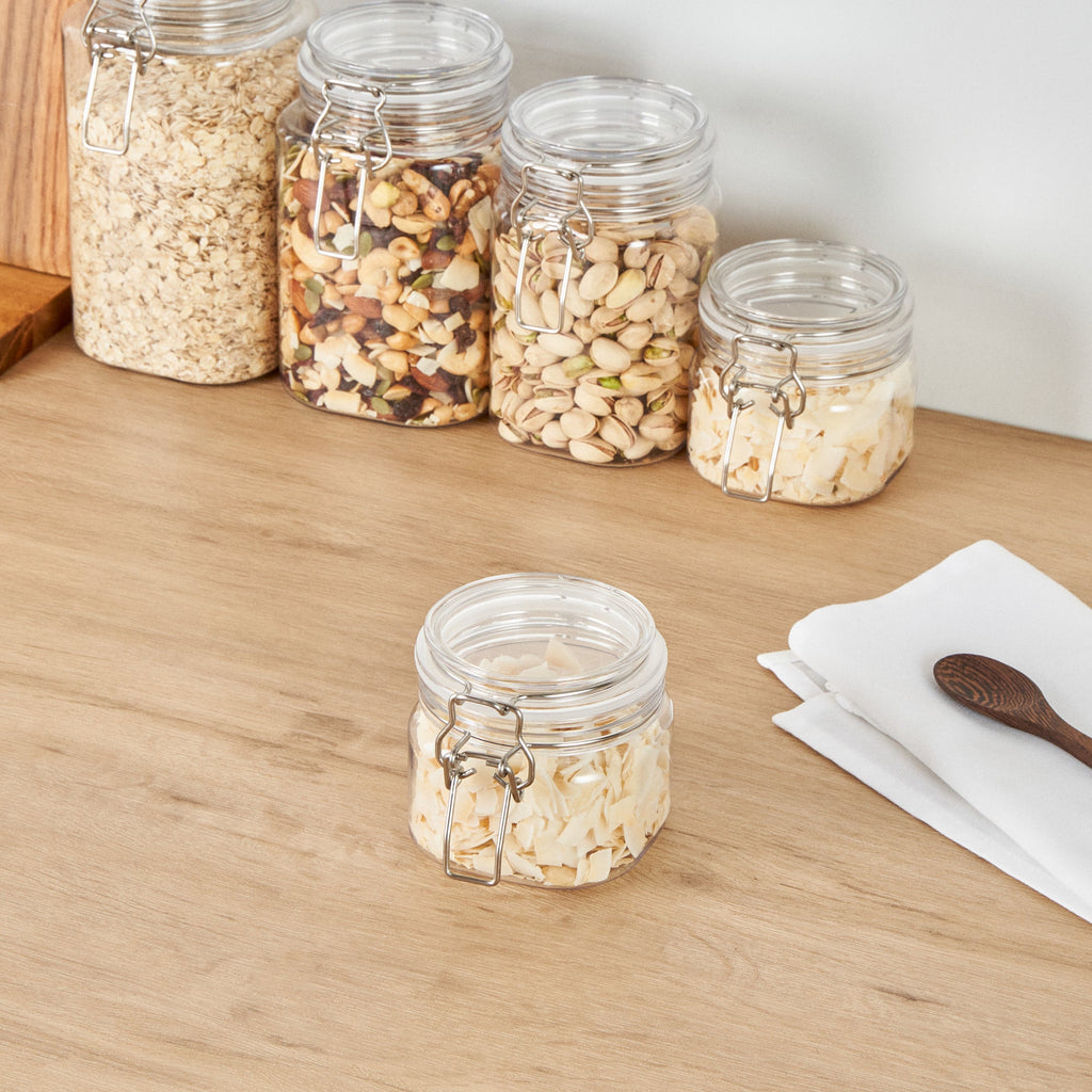 Met Lux 14 oz Square Clear Plastic Storage Jar - with Hinged Lid - 3 3/4" x 3 3/4" x 3 3/4" - 20 count box
